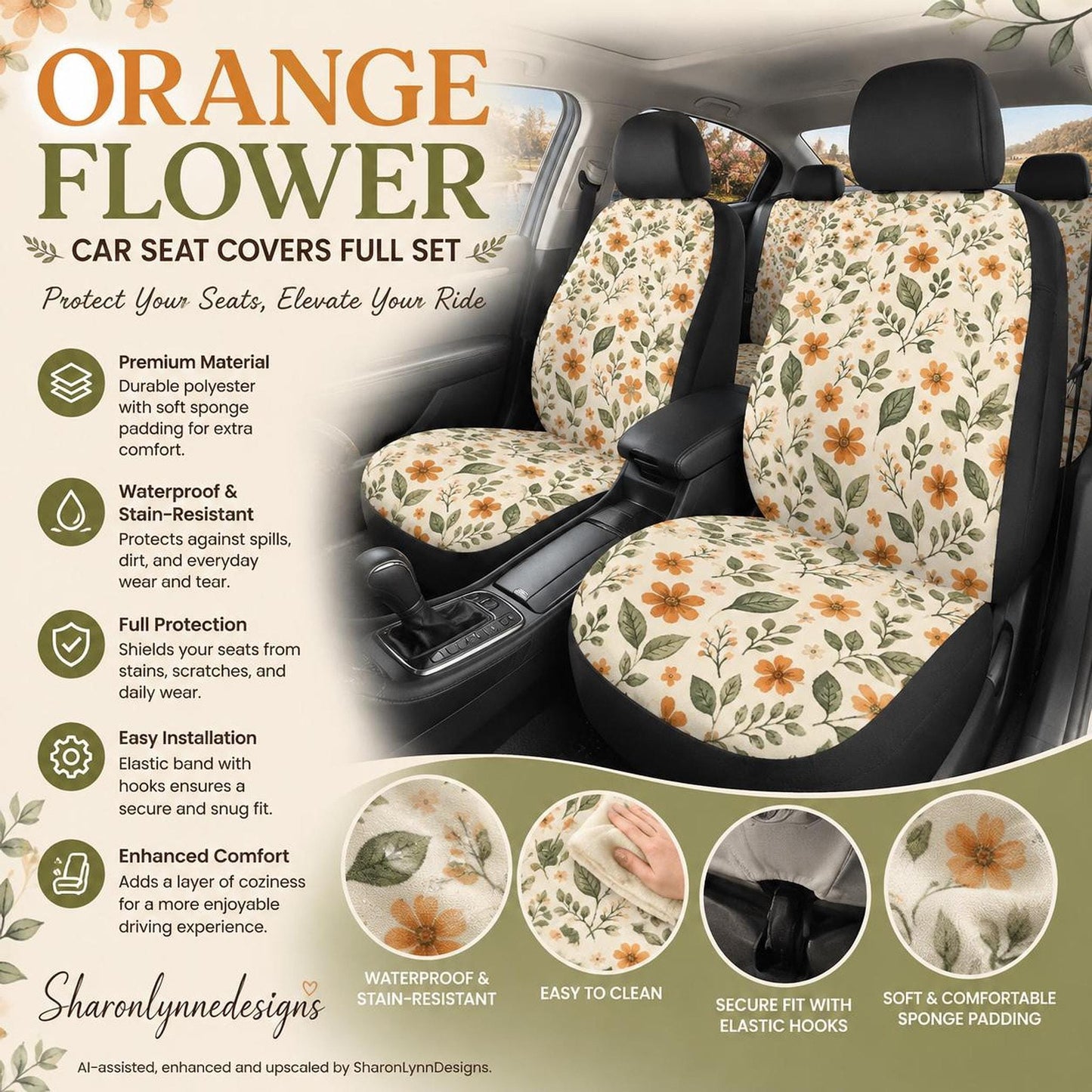Car Seat Cover Set, Orange Floral Polyester And Sponge, Waterproof 3-Piece