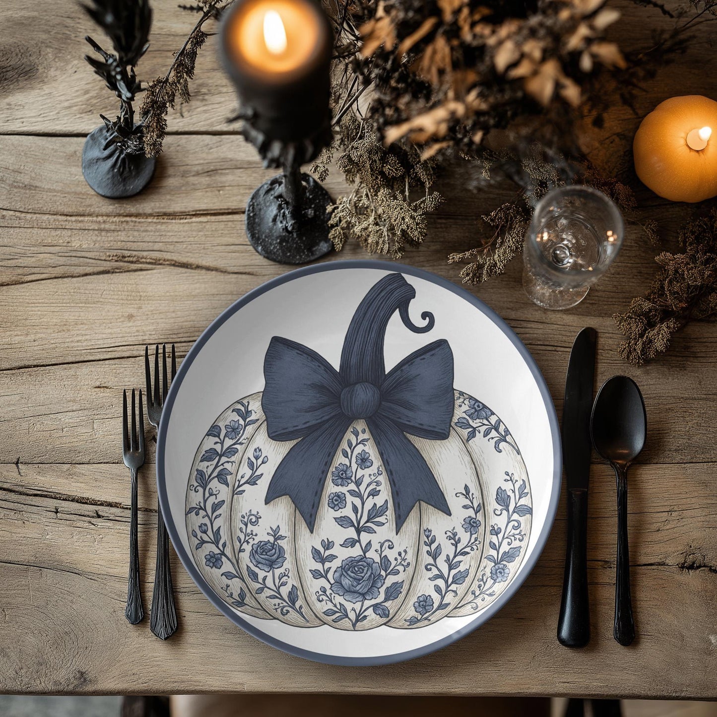 ThermoSaf Plate, Navy Pumpkin Design, 10-Inch Round Polymer Dinnerware