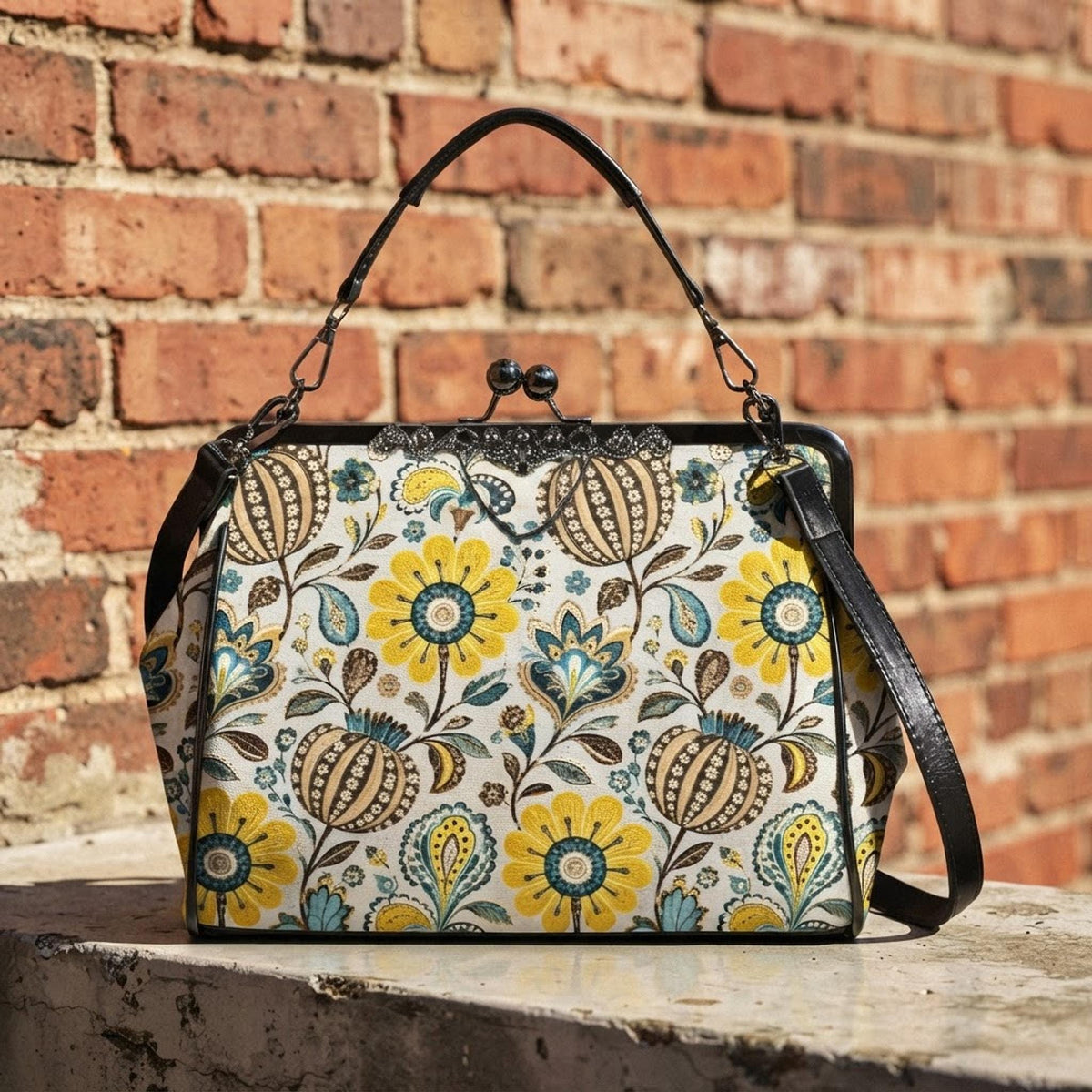 Yellow Floral Kiss Lock Bag, Waxed PU Leather Crossbody with Removable Strap