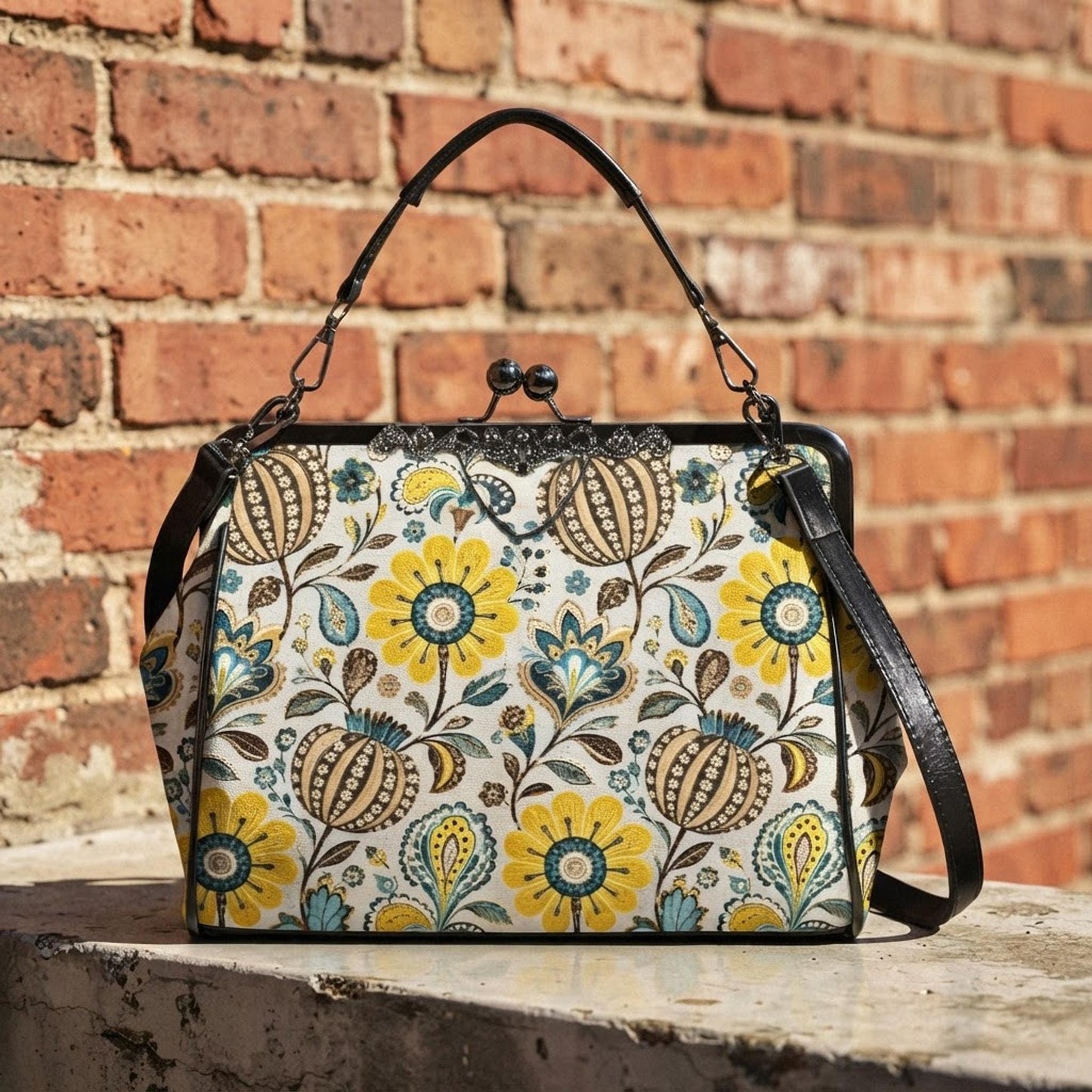 Yellow Floral Kiss Lock Bag, Waxed PU Leather Crossbody with Removable Strap