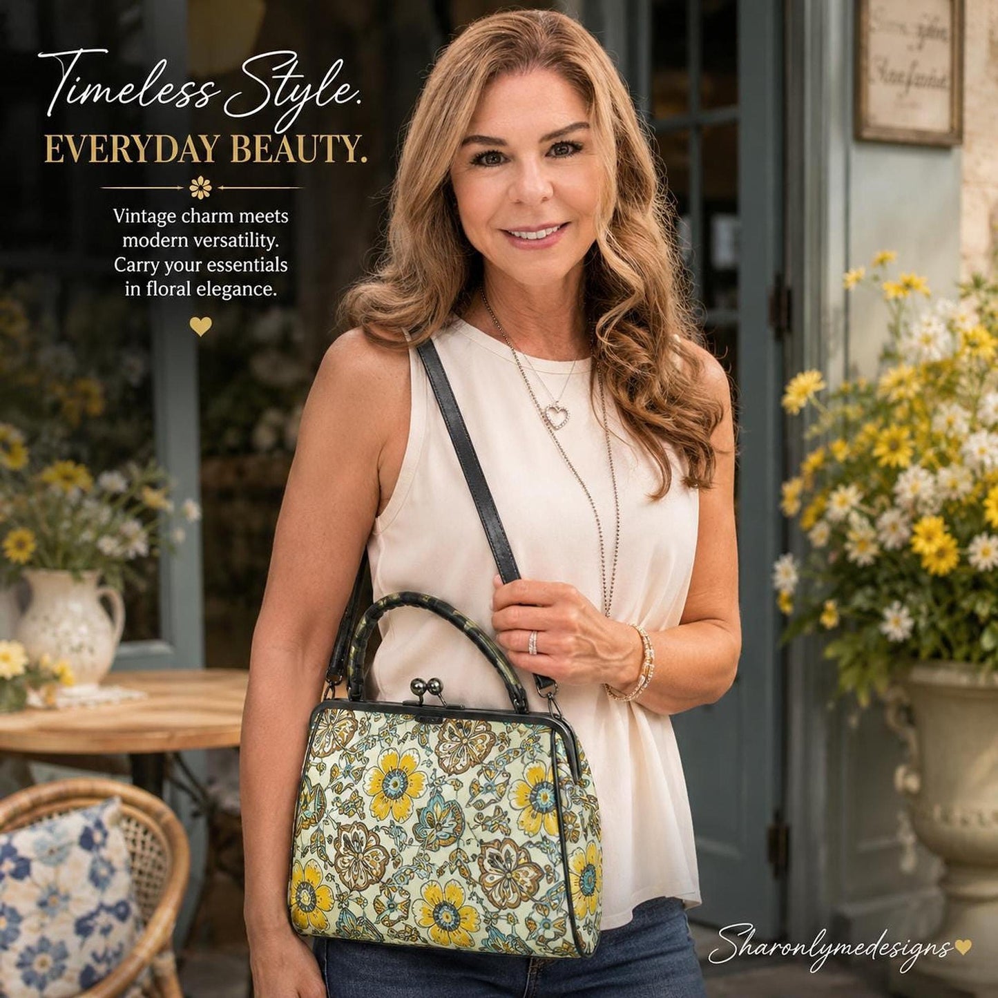 Yellow Floral Kiss Lock Bag, Waxed PU Leather Crossbody with Removable Strap