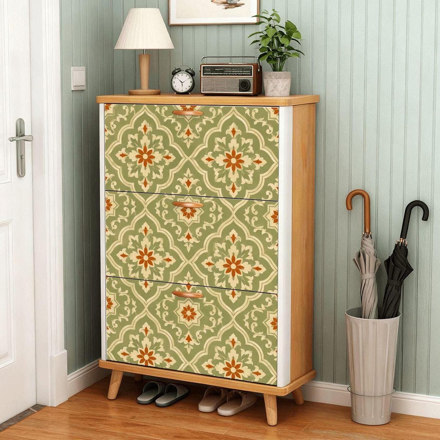Retro Shoe Cabinet, Sage Green Floral Pattern with Three Flip Drawers, 9.5-Inch Depth