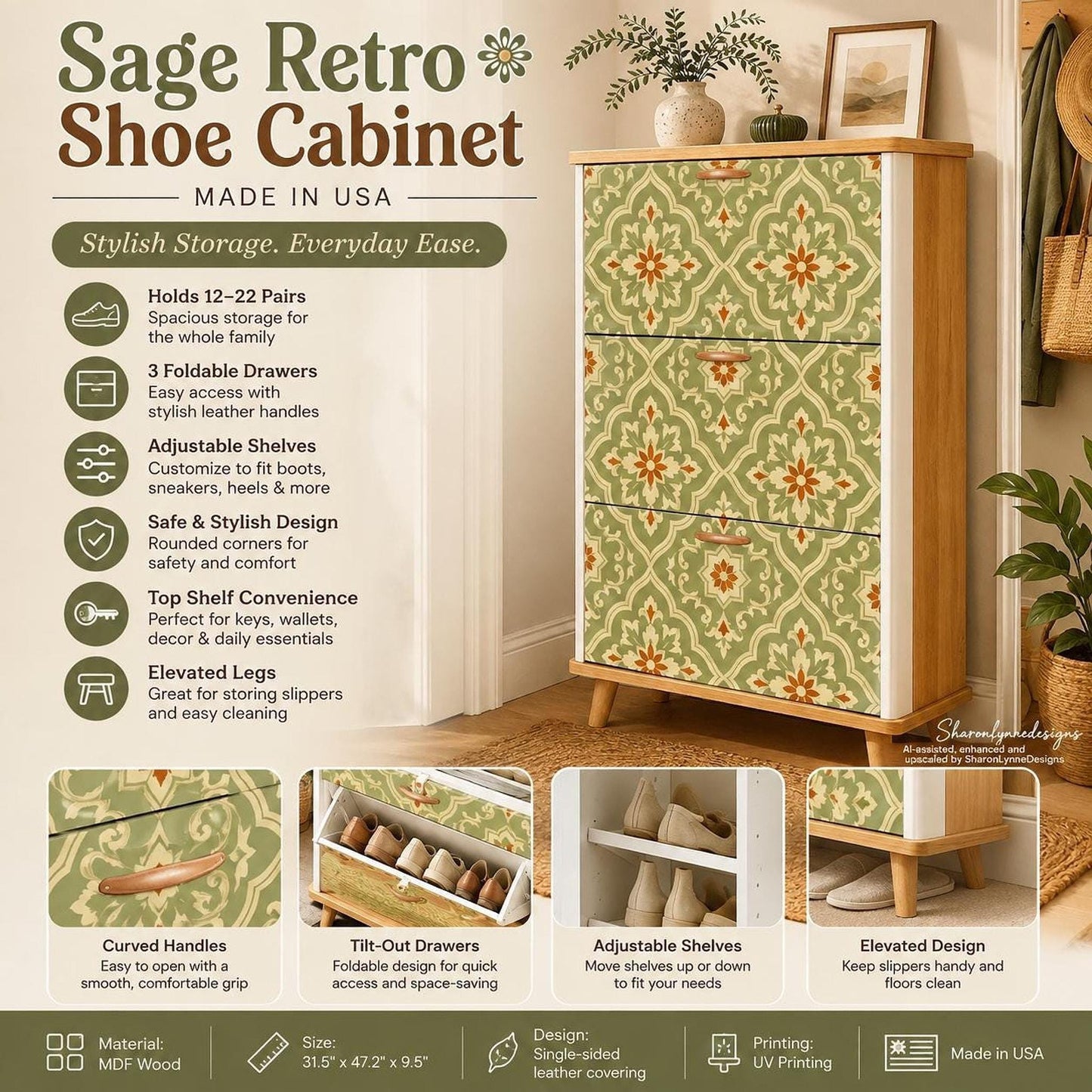 Retro Shoe Cabinet, Sage Green Floral Pattern with Three Flip Drawers, 9.5-Inch Depth