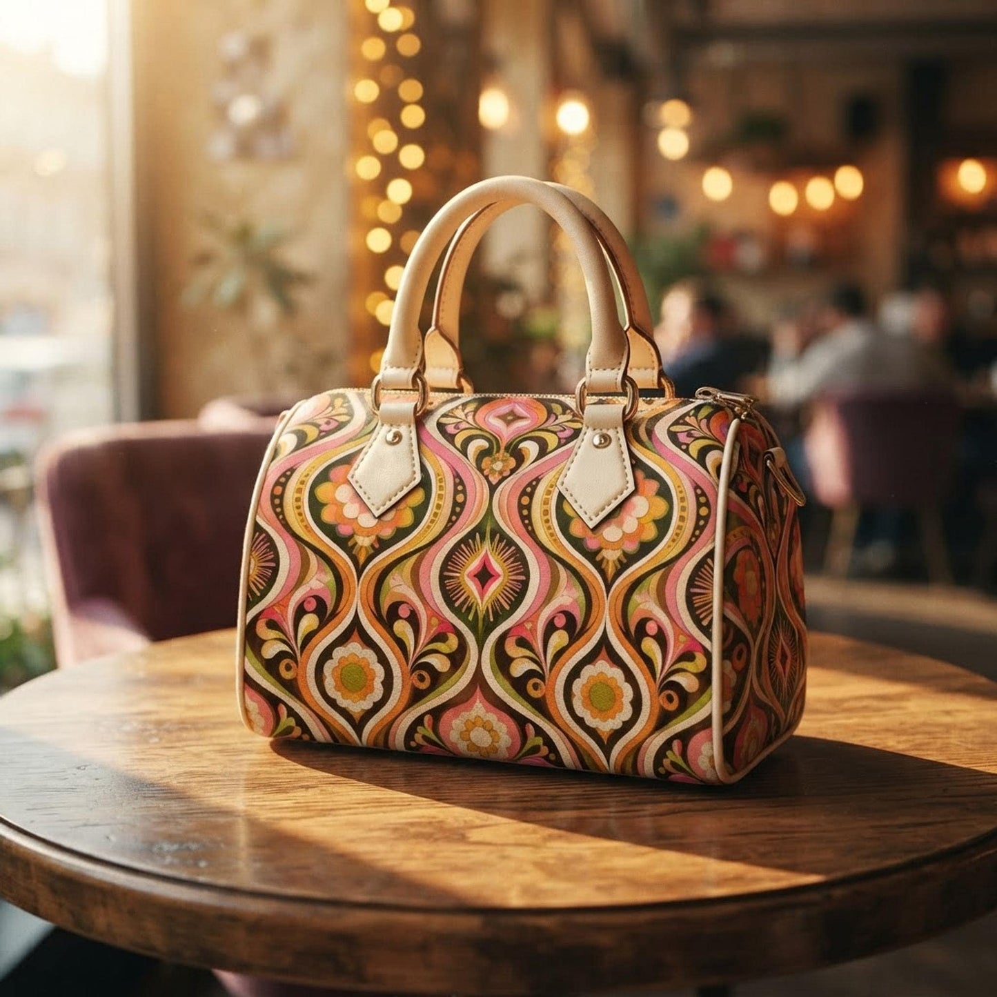 Retro Barrel Bag, Waterproof PU Leather Crossbody with All-Over Floral Print