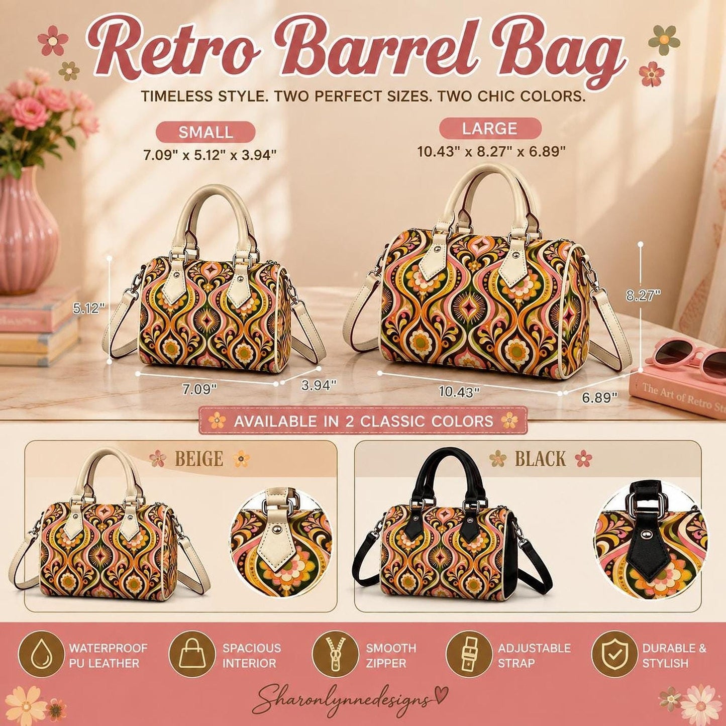 Retro Barrel Bag, Waterproof PU Leather Crossbody with All-Over Floral Print