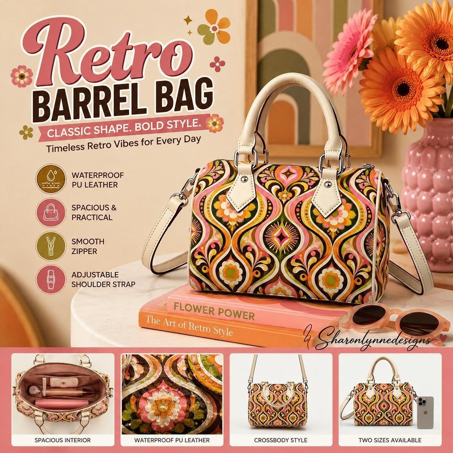 Retro Barrel Bag, Waterproof PU Leather Crossbody with All-Over Floral Print