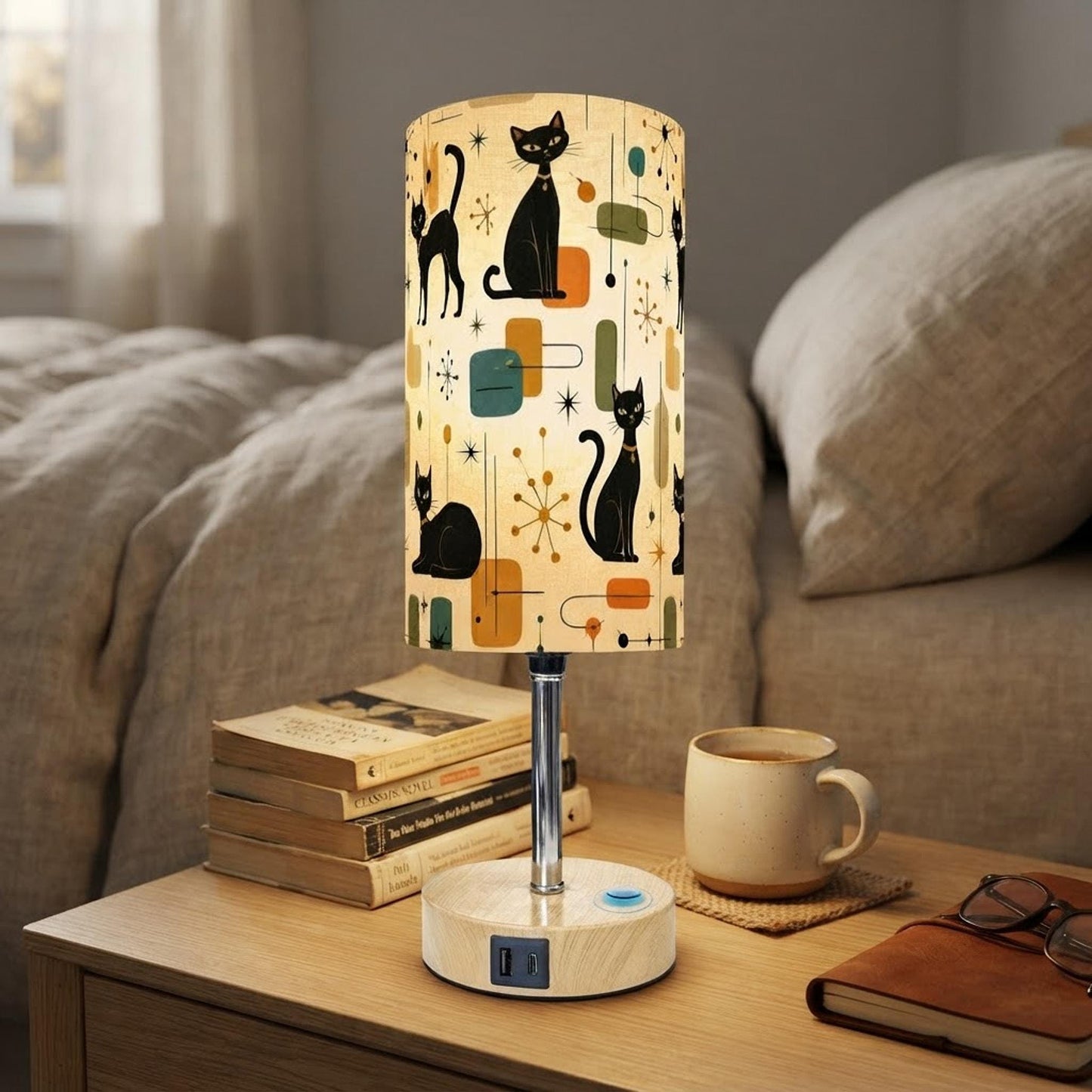 Cat Night Light, Retro Printed Table Lamp with Dual USB and Type-C Ports