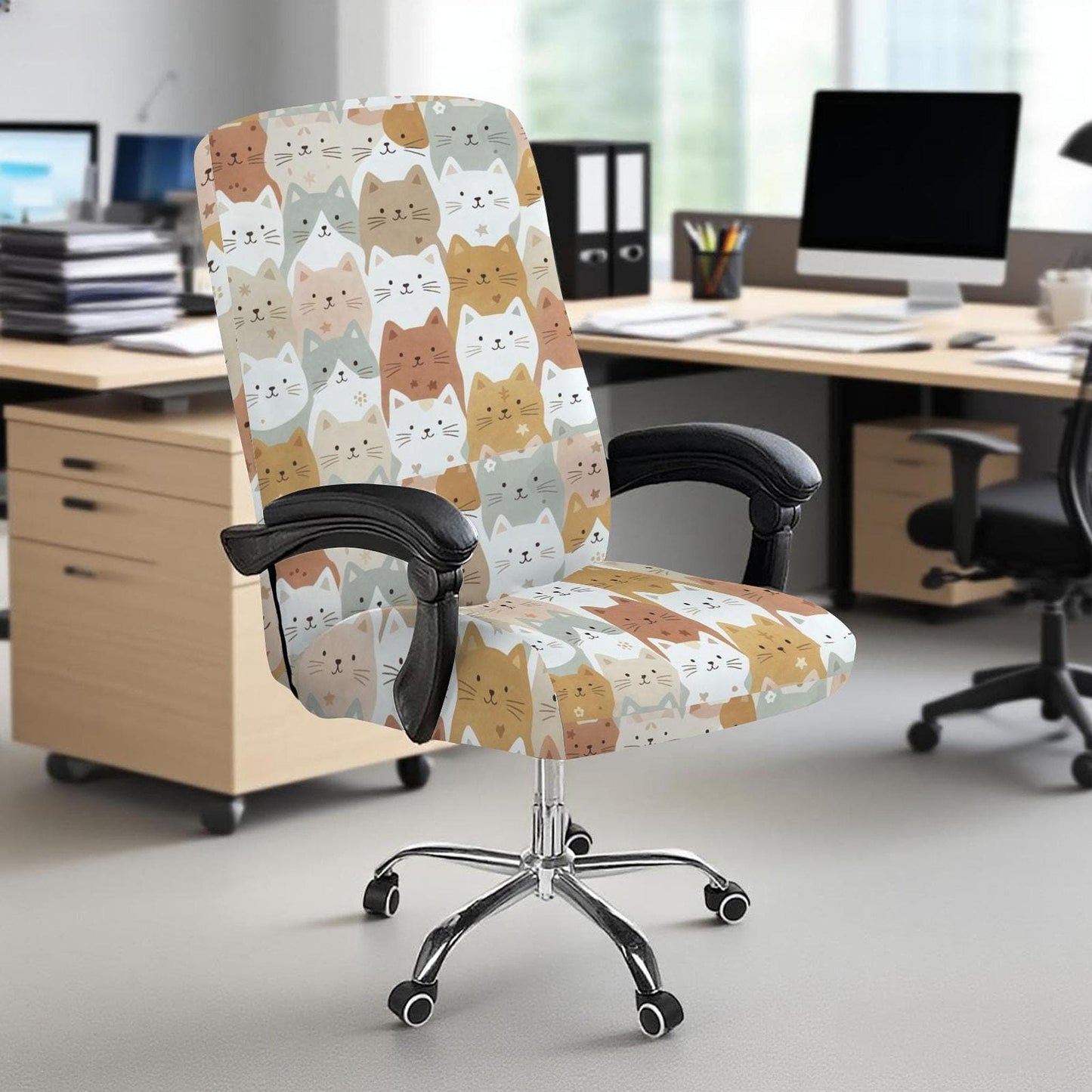 Cat Face Office Chair Cover – Neutral Tones, Milk Silk Fabric, Universal Fit