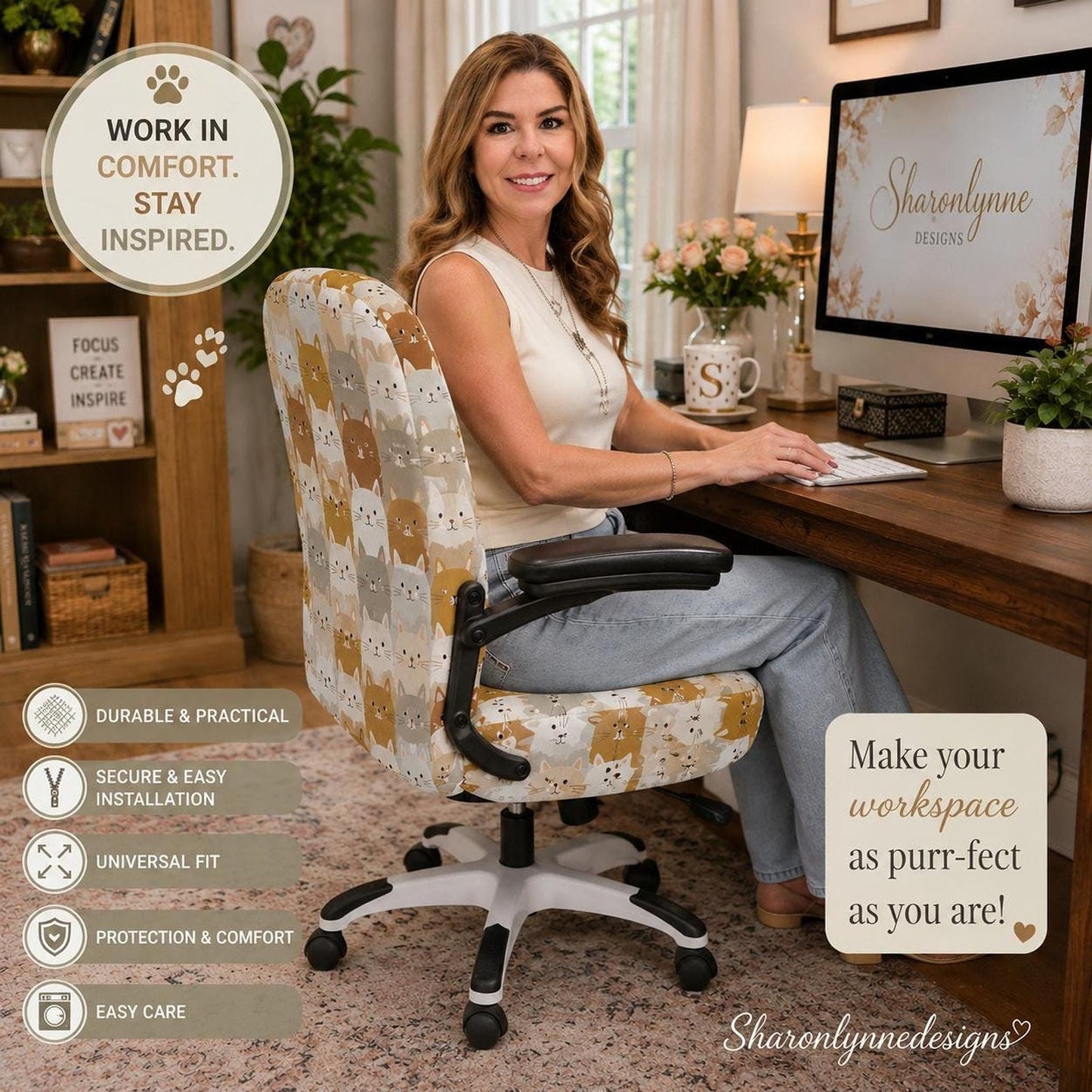 Cat Face Office Chair Cover – Neutral Tones, Milk Silk Fabric, Universal Fit