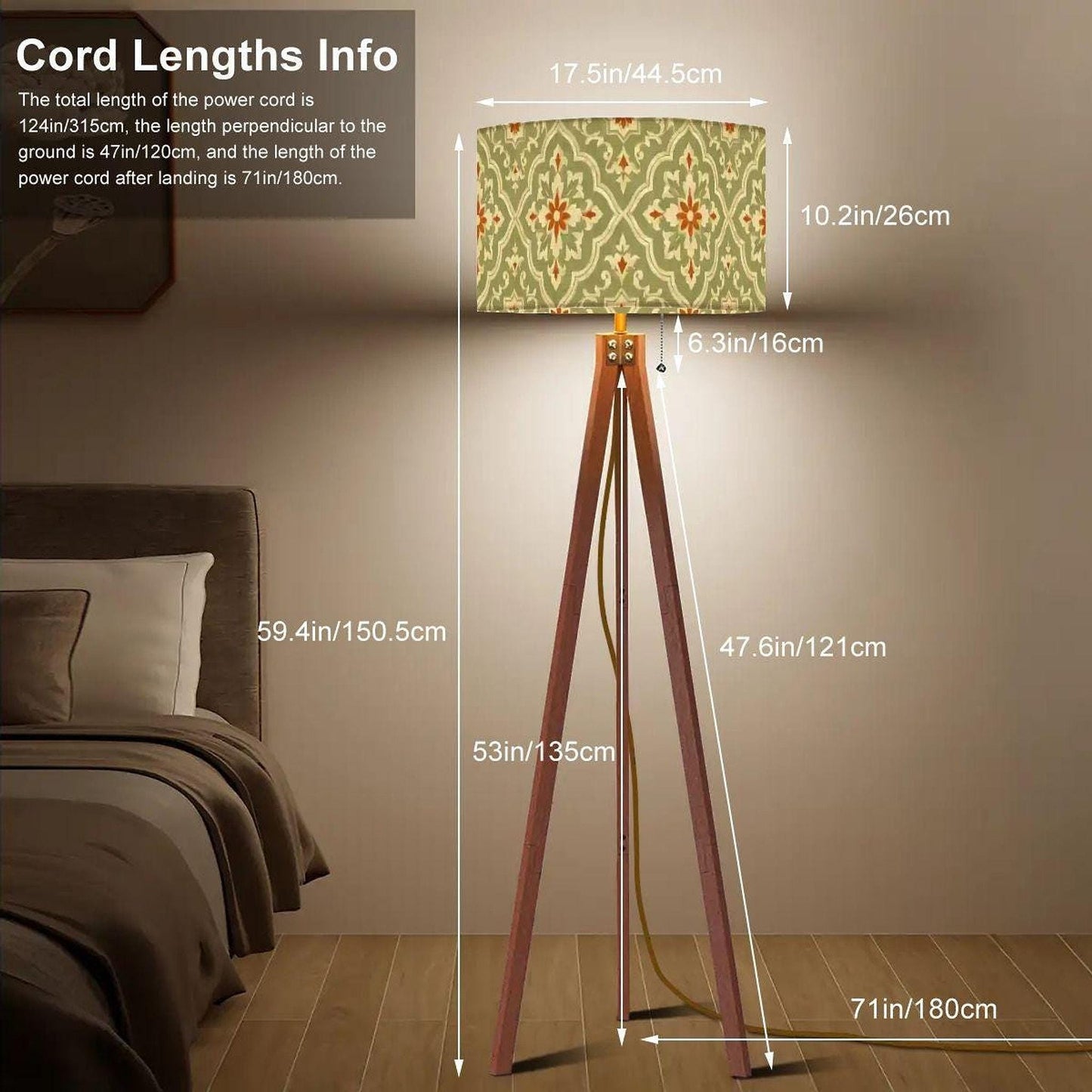 Retro Floor Lamp, Sage Green Linen-Textured Shade with Wooden Tripod Base