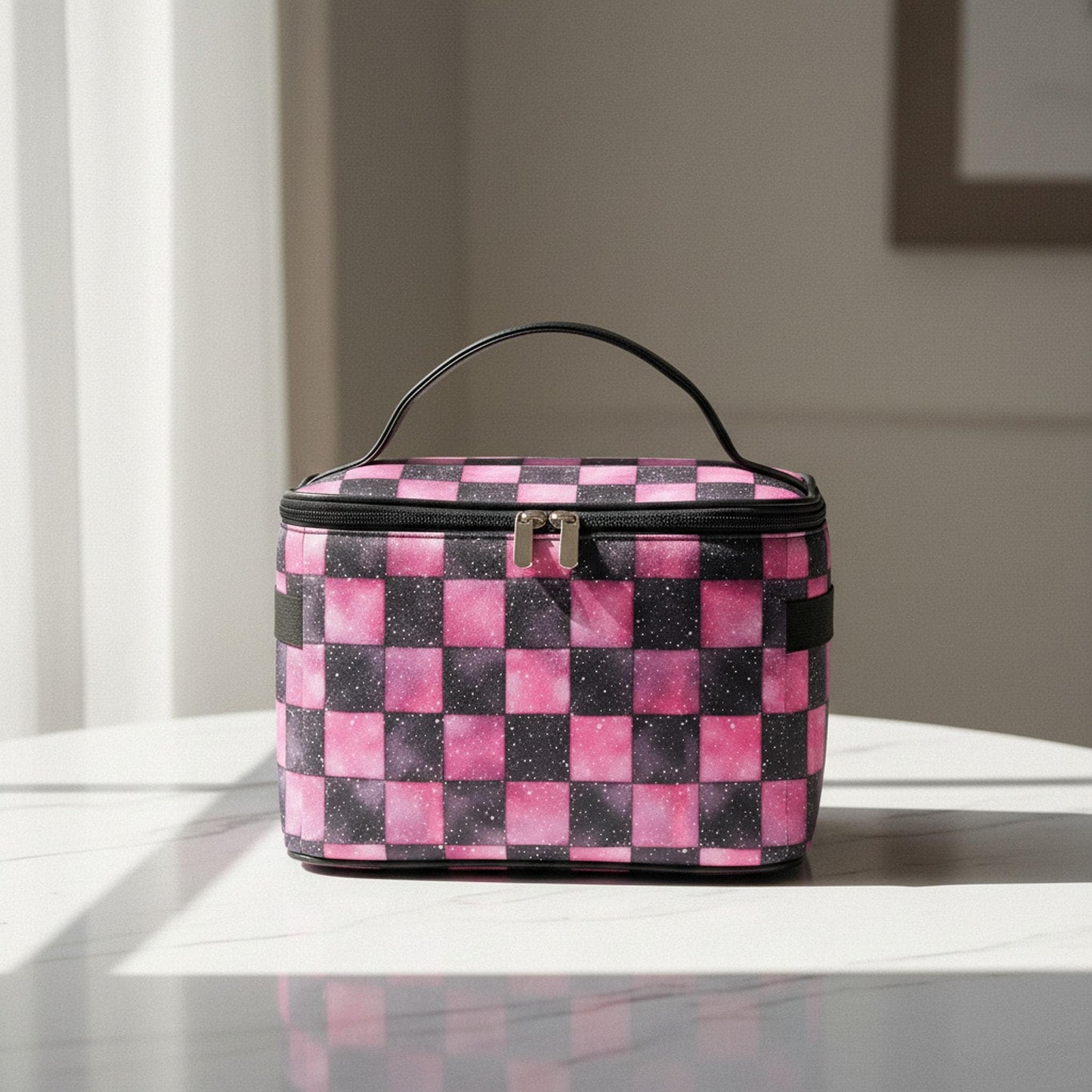 Mahjong Set Bag, Pink Black Checkered Polyester Travel Organizer with Single-Sided Sublimation Print