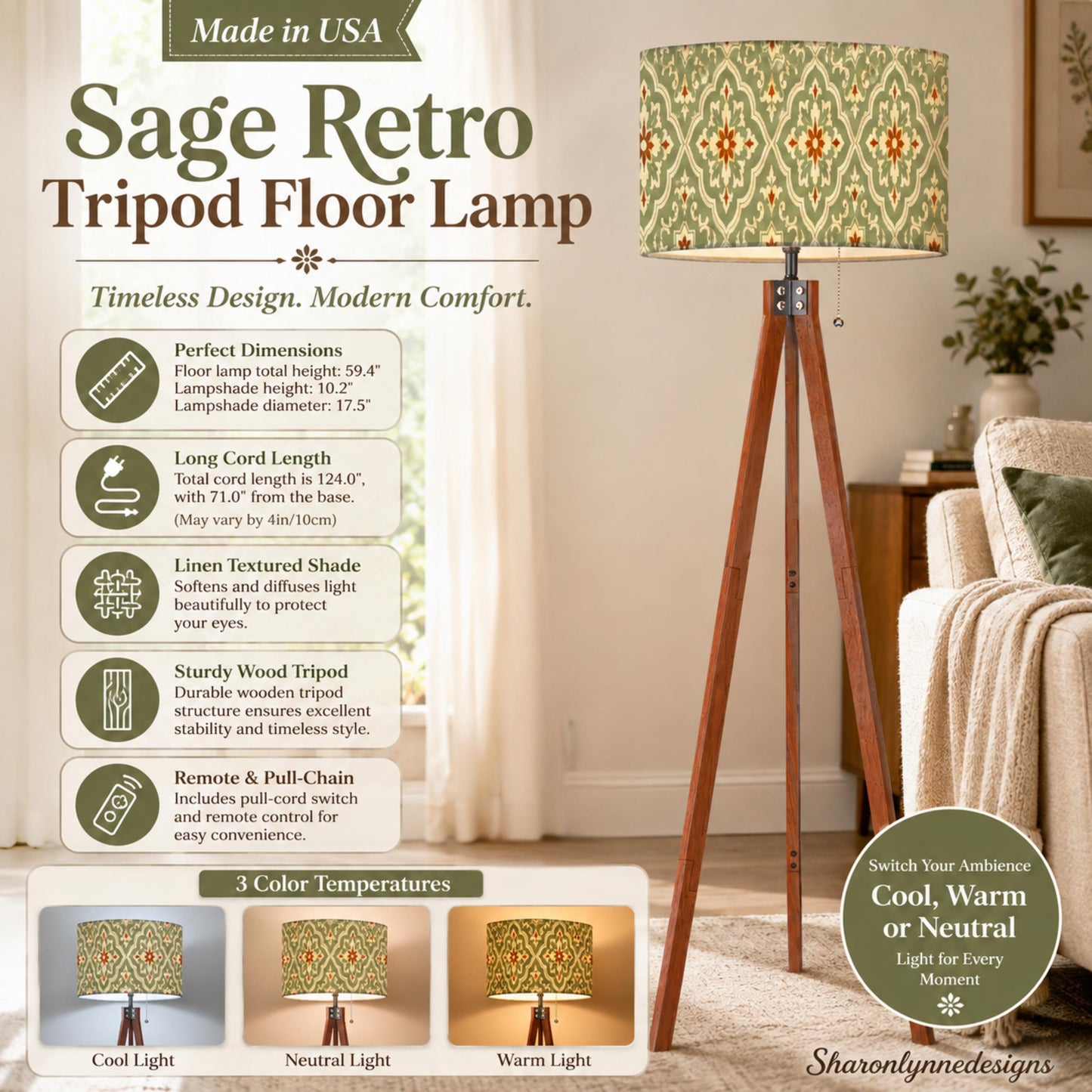 Retro Floor Lamp, Sage Green Linen-Textured Shade with Wooden Tripod Base