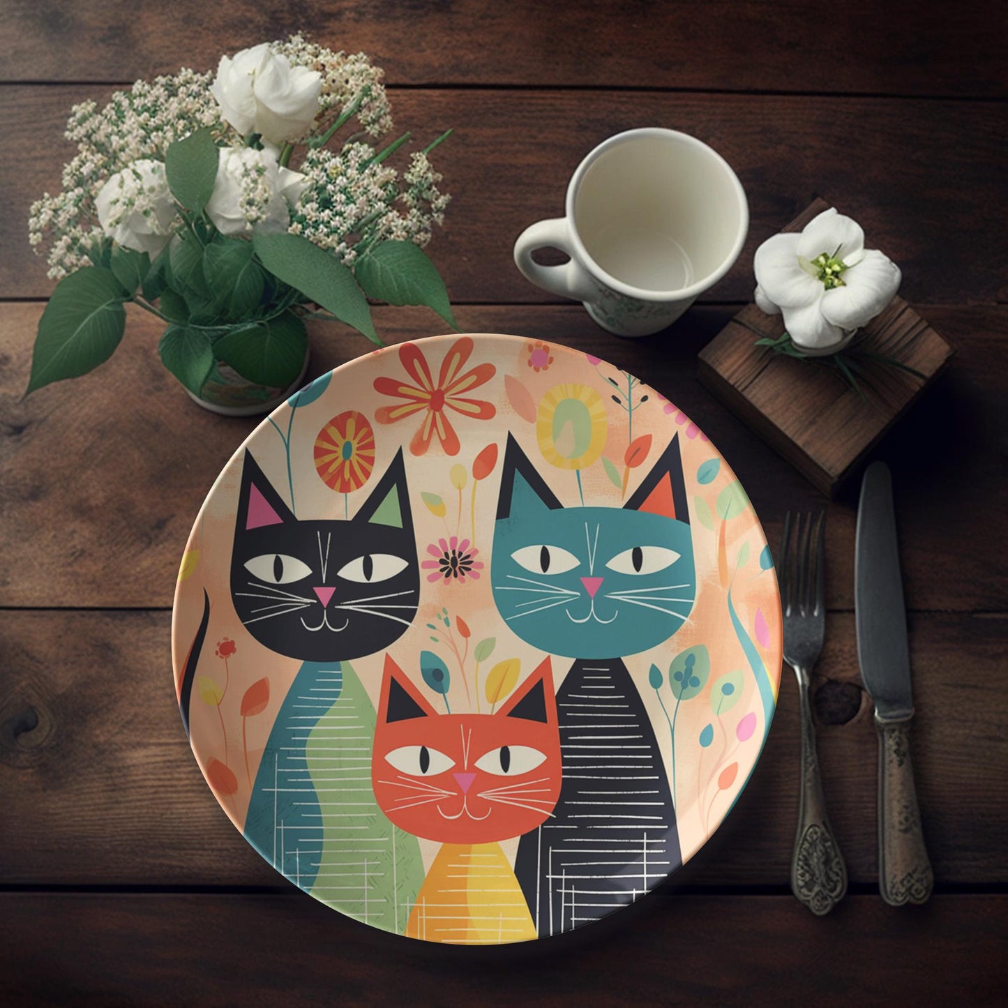 Cat Dinner Plate, 10-Inch ThermoSaf Polymer Retro Tableware, Microwave And Dishwasher Safe