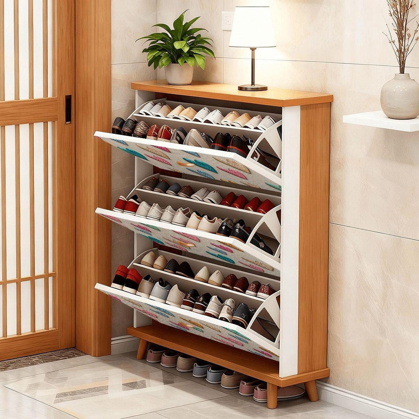 Heart Shoe Cabinet, Colorful Entryway Organizer with Three Flip-Down Drawers