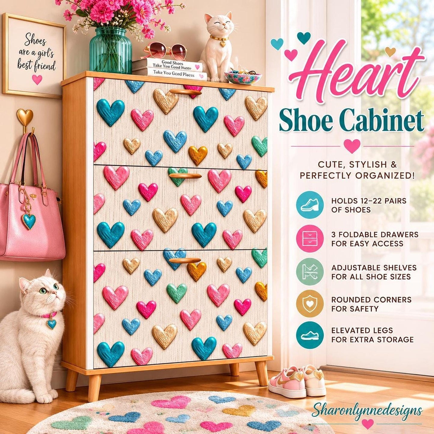 Heart Shoe Cabinet, Colorful Entryway Organizer with Three Flip-Down Drawers
