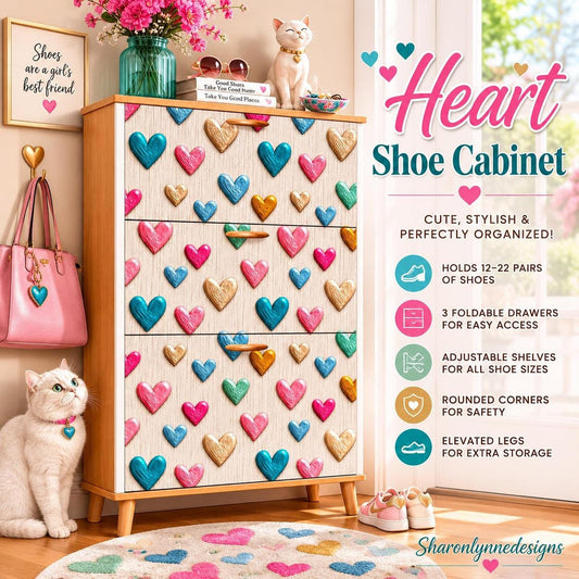 Heart Shoe Cabinet, Colorful Entryway Organizer with Three Flip-Down Drawers