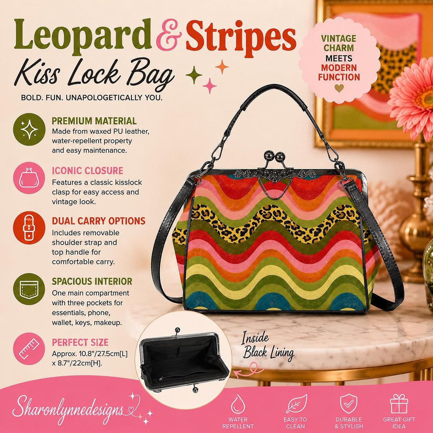 Retro Kiss Lock Bag, Colorful Striped Crossbody with Leopard Print