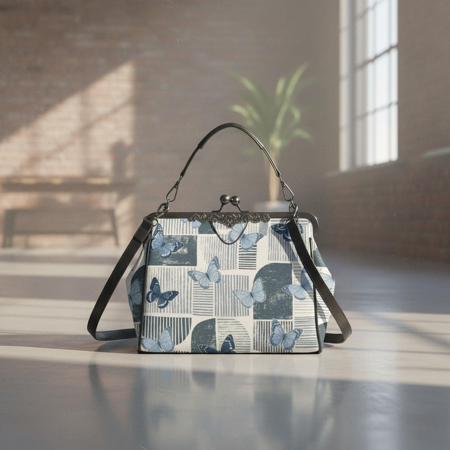 Blue Butterfly Kiss Lock Bag – Vintage Crossbody Shoulder Bag