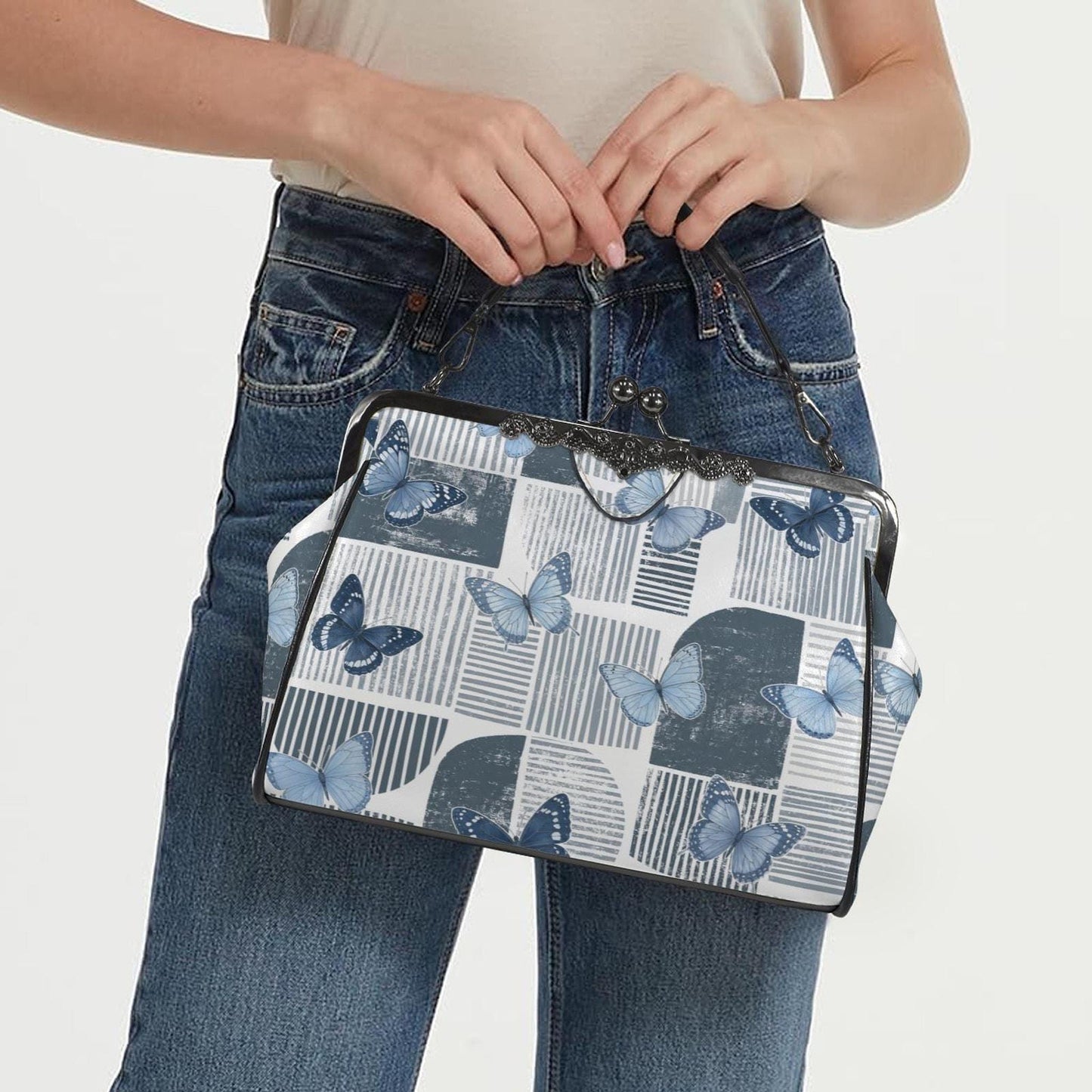 Blue Butterfly Kiss Lock Bag – Vintage Crossbody Shoulder Bag