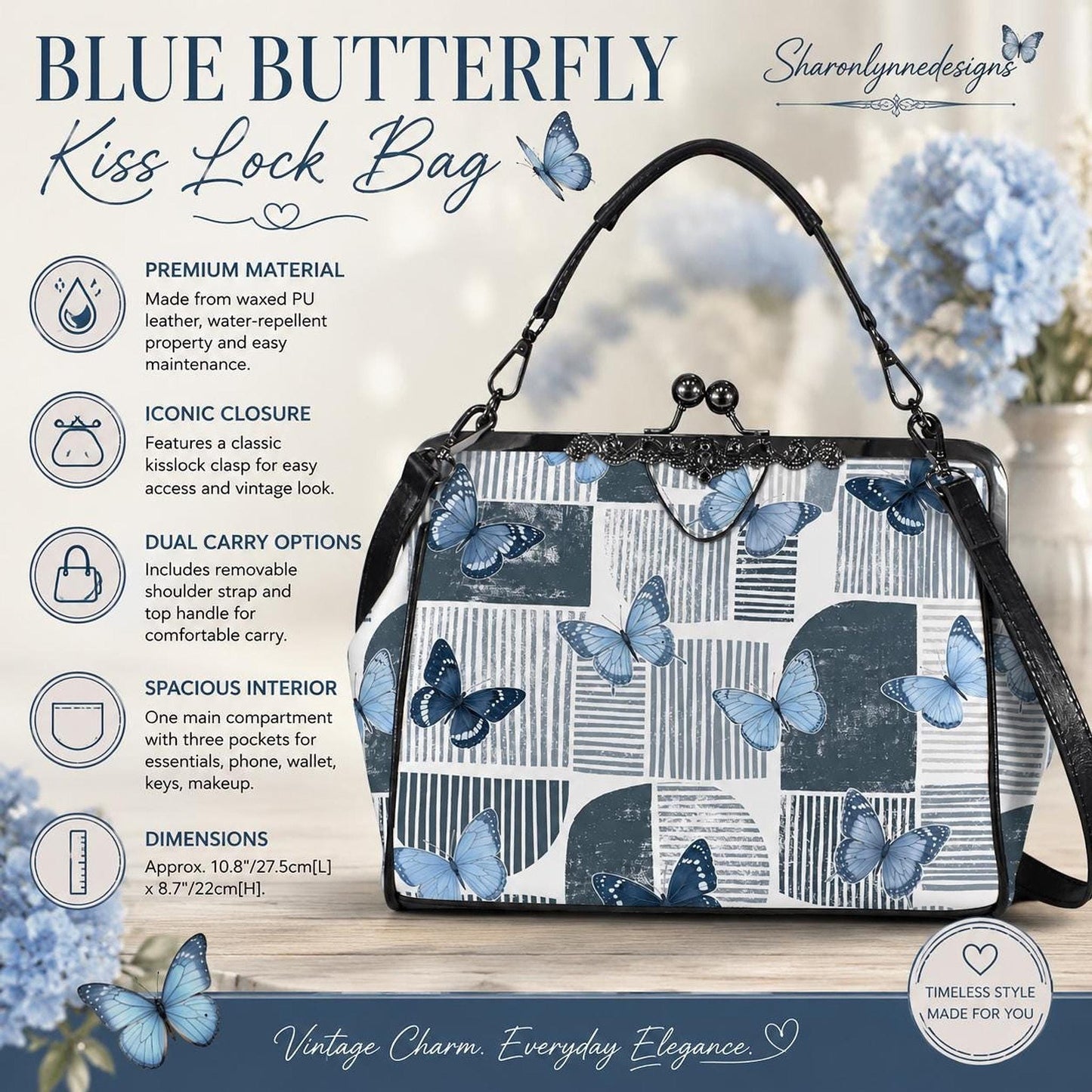 Blue Butterfly Kiss Lock Bag – Vintage Crossbody Shoulder Bag