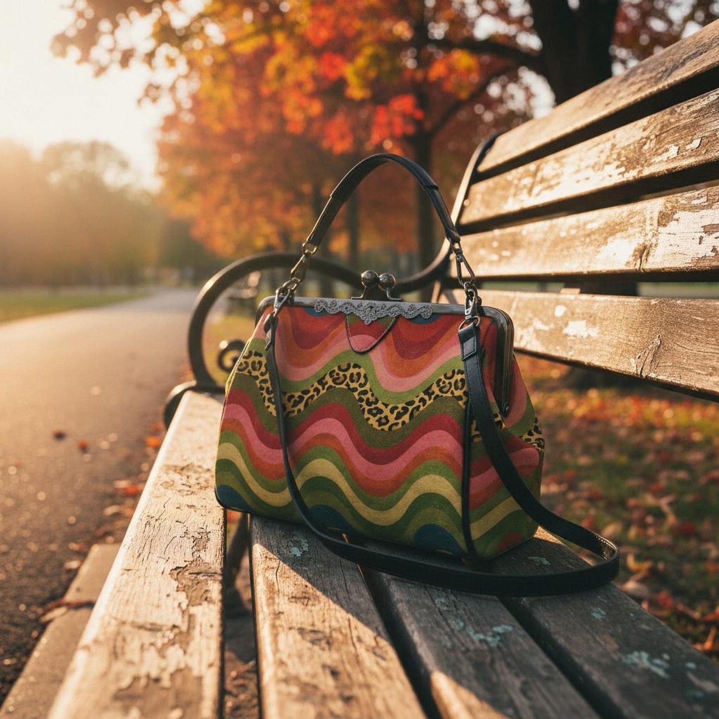 Retro Kiss Lock Bag, Colorful Striped Crossbody with Leopard Print