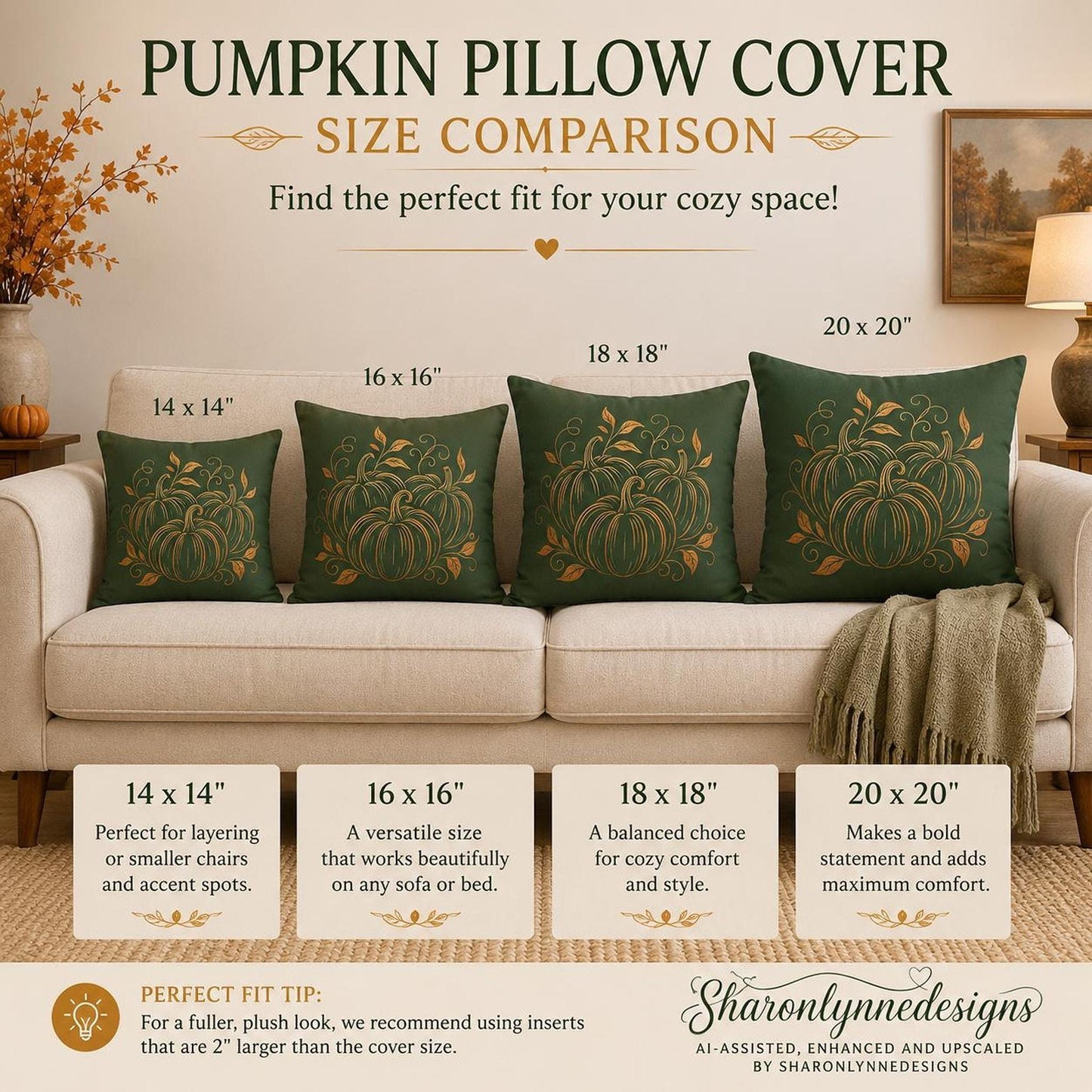 Decorative Farmhouse Pillow Cover, 100% Faux Suede Autumn Pumpkin Floral Print, Double-Sided Concealed Zipper