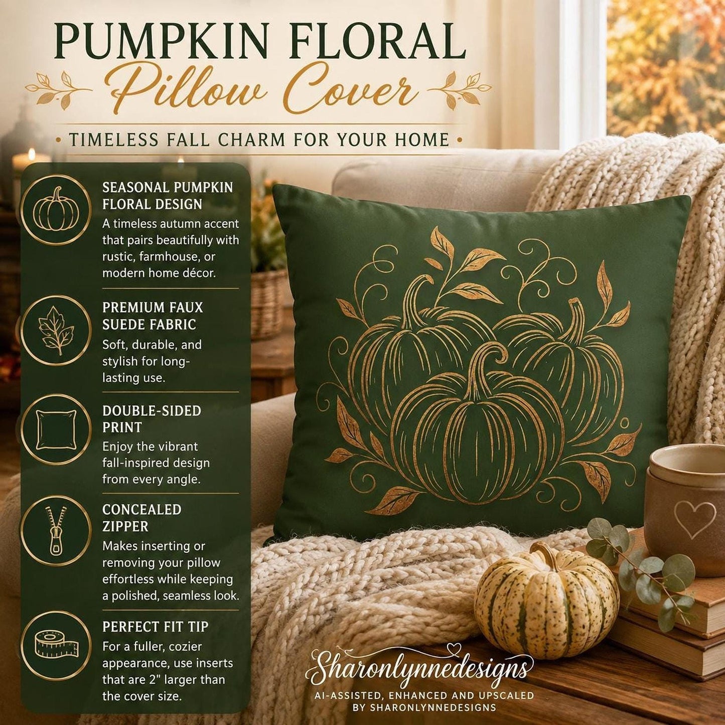 Decorative Farmhouse Pillow Cover, 100% Faux Suede Autumn Pumpkin Floral Print, Double-Sided Concealed Zipper
