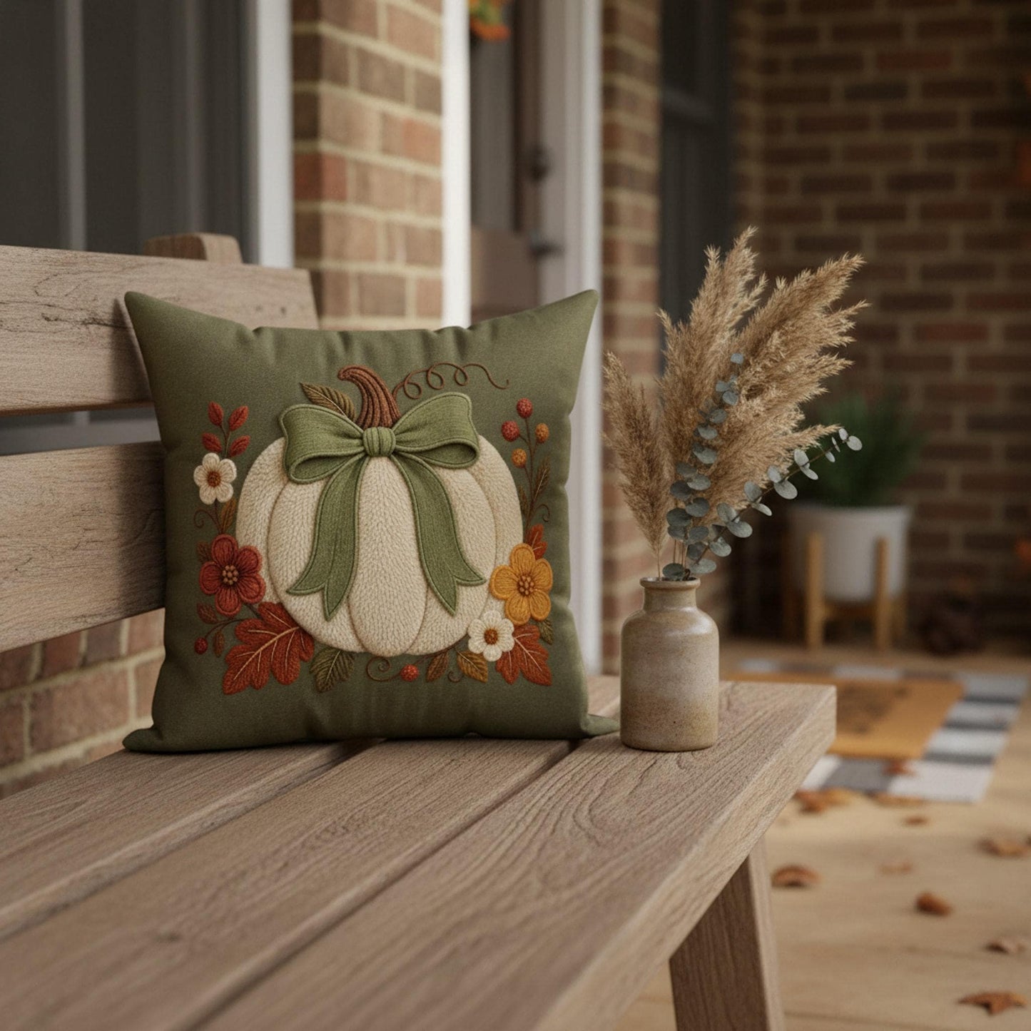 Double Sided Pillow Cover, 100% Faux Suede with Cream Pumpkin and Sage Bow
