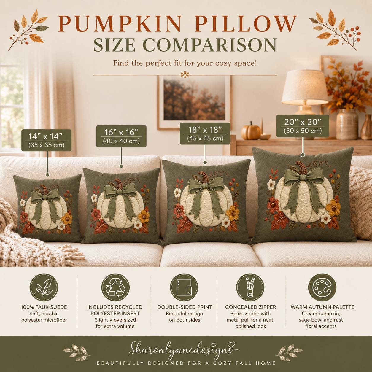 Double Sided Pillow Cover, 100% Faux Suede with Cream Pumpkin and Sage Bow