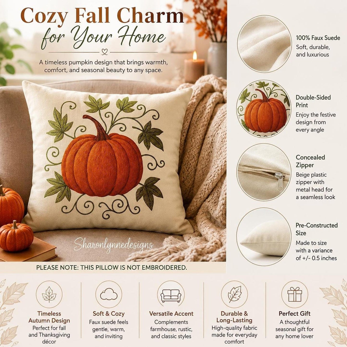 Decorative Farmhouse Pillowcase, 100% Faux Suede Double-Sided Pumpkin Print, Four Sizes