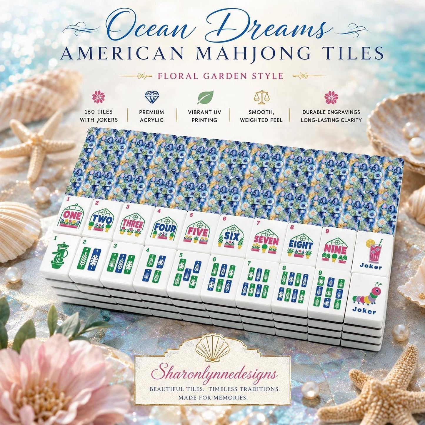 Ocean Dreams American Mahjong Tiles – Floral Garden Style