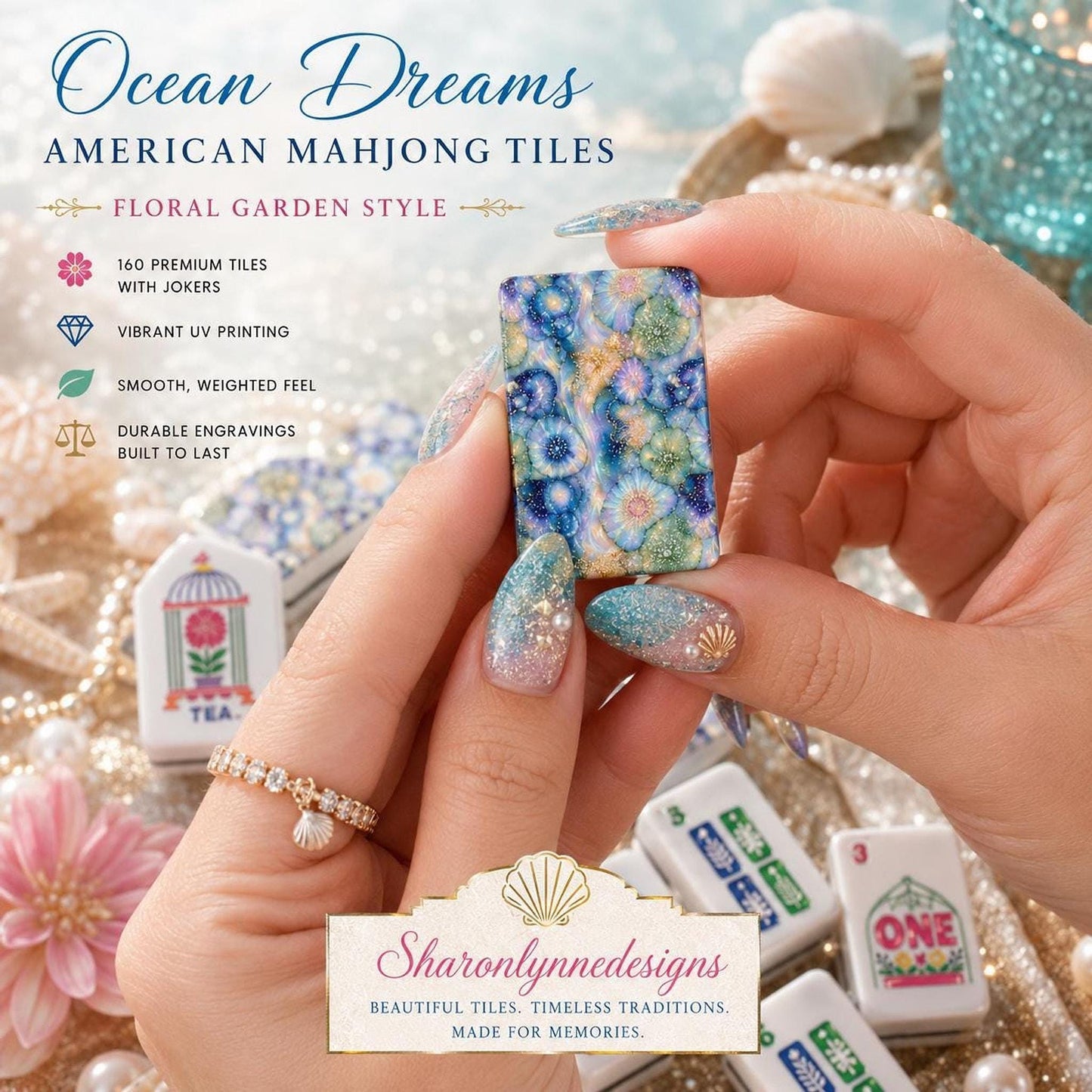 Ocean Dreams American Mahjong Tiles – Floral Garden Style