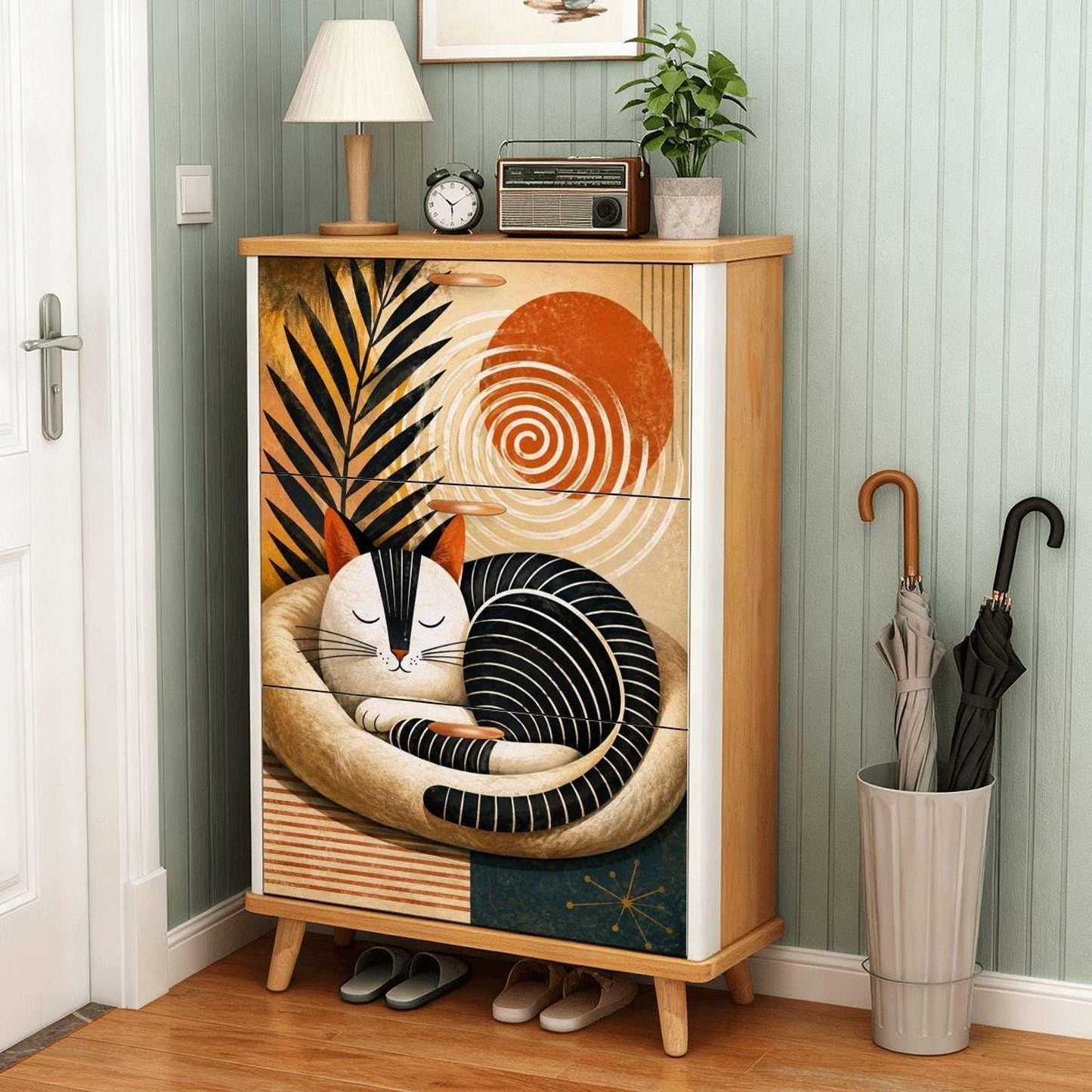 Cat Shoe Cabinet, Retro MDF Entryway Storage with 3 Foldable Drawers
