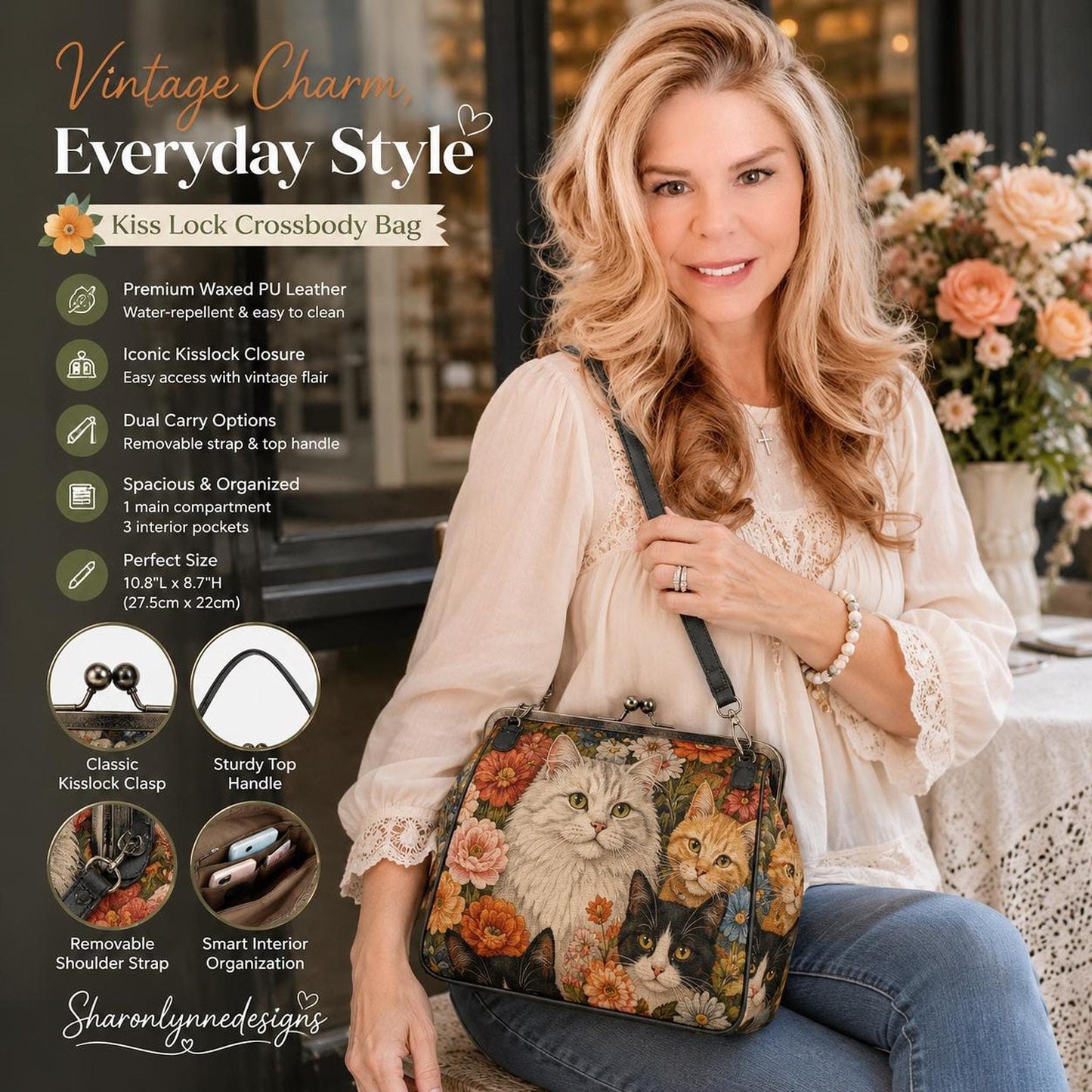 Cat Kiss Lock Bag, Waxed PU Leather Crossbody with Floral Design