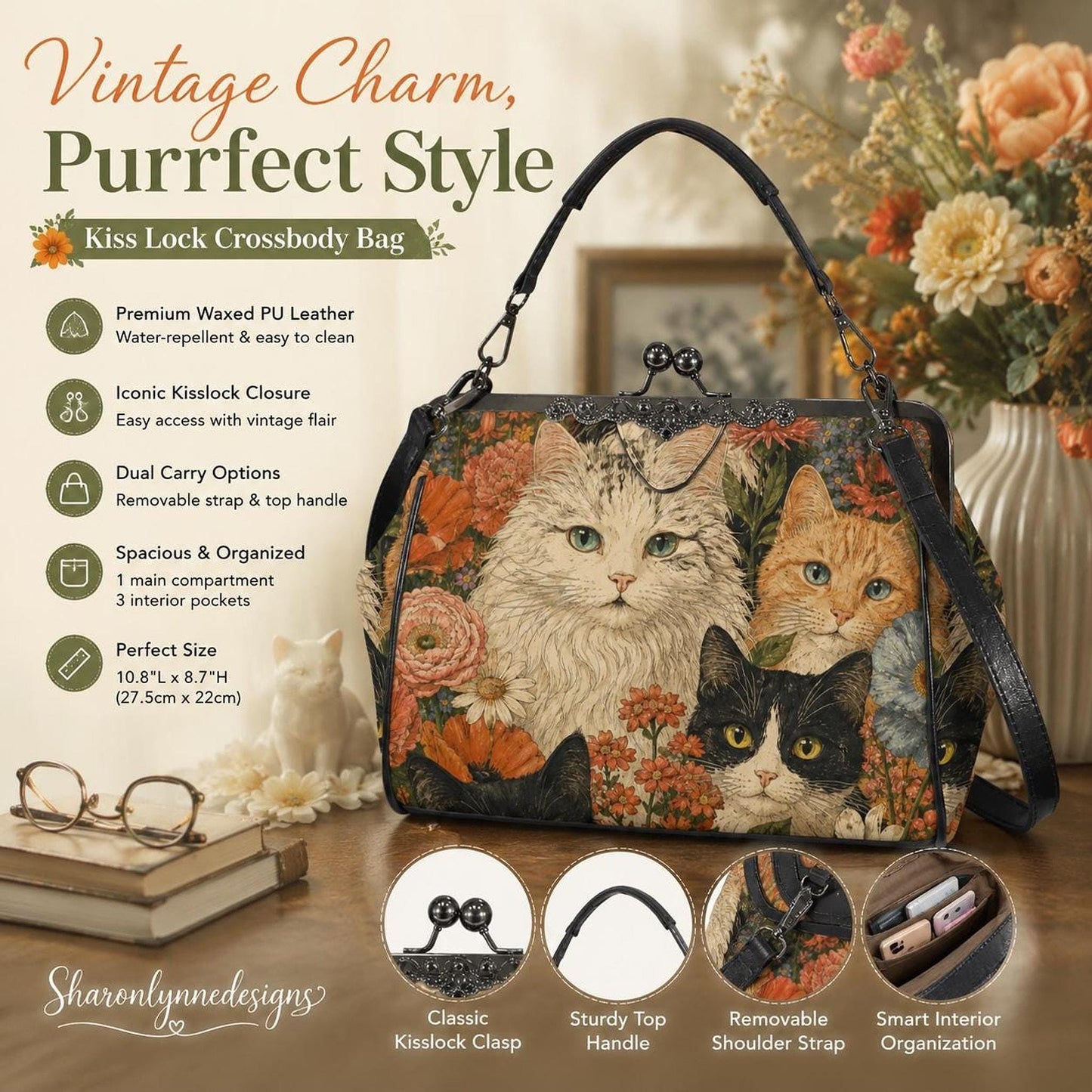 Cat Kiss Lock Bag, Waxed PU Leather Crossbody with Floral Design