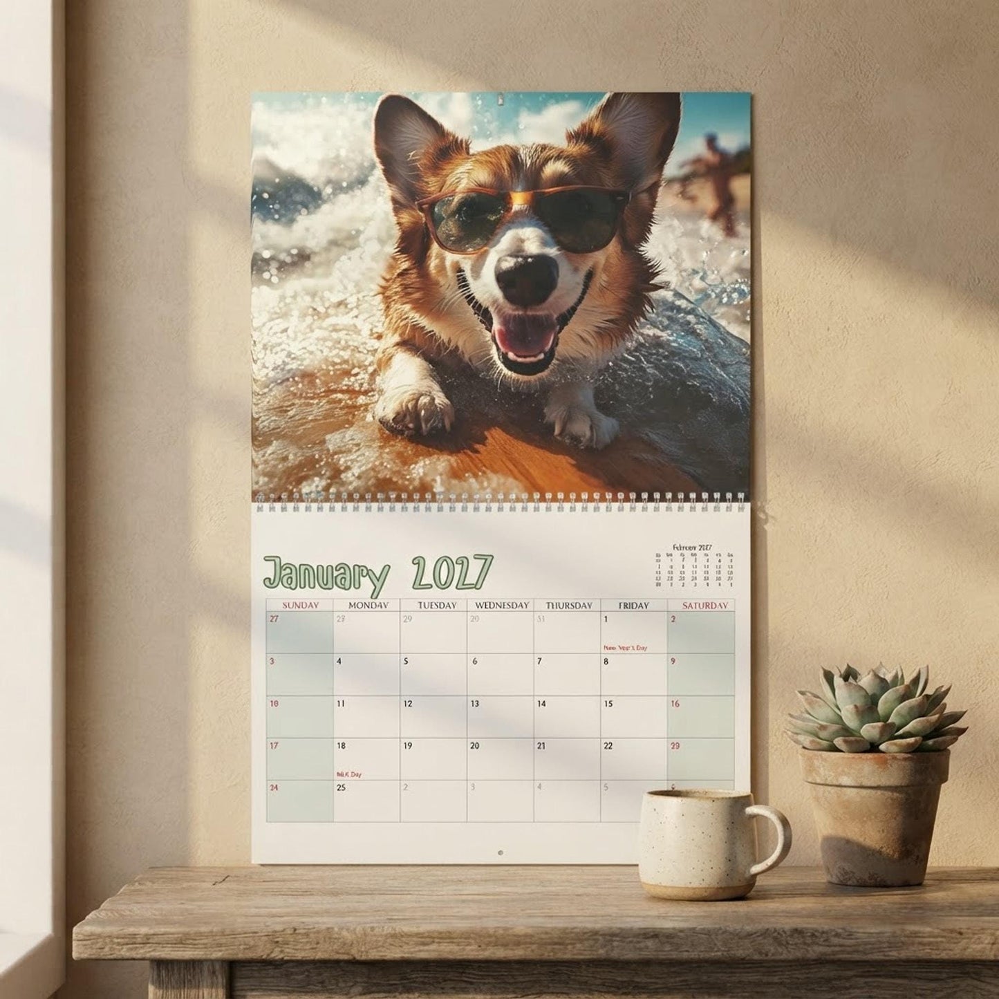 Surfing Dogs Wall Calendar 2027, Spiral Bound With Writable Matte Grids