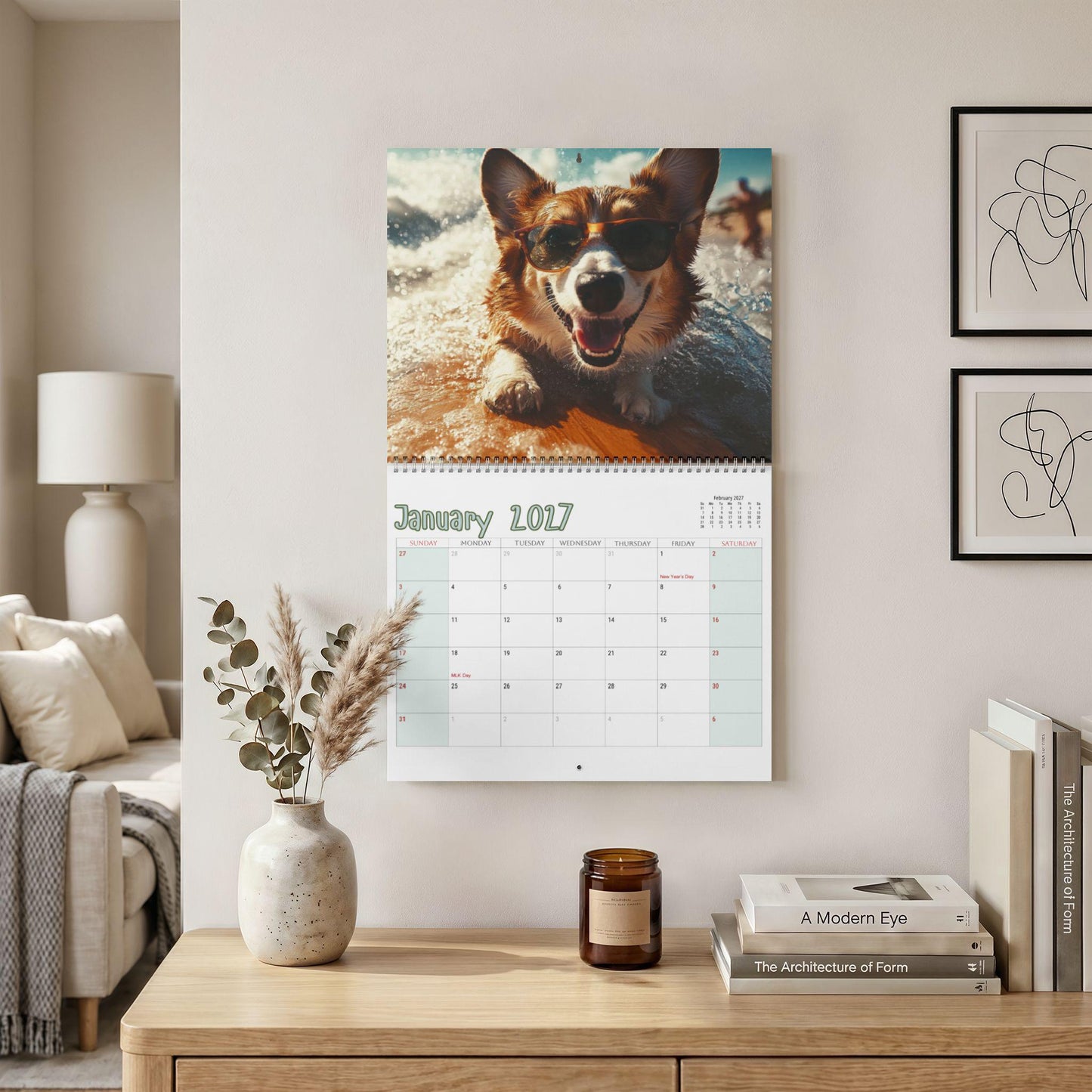 Surfing Dogs Wall Calendar 2027, Spiral Bound With Writable Matte Grids