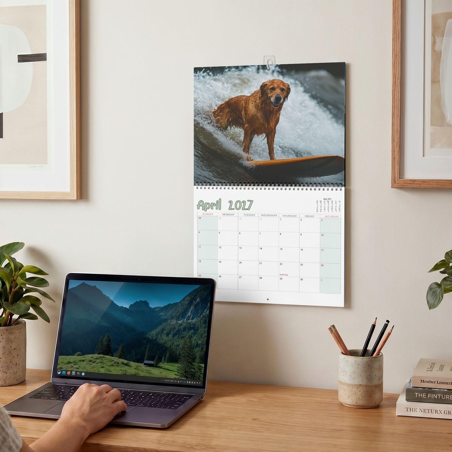 Surfing Dogs Wall Calendar 2027, Spiral Bound With Writable Matte Grids