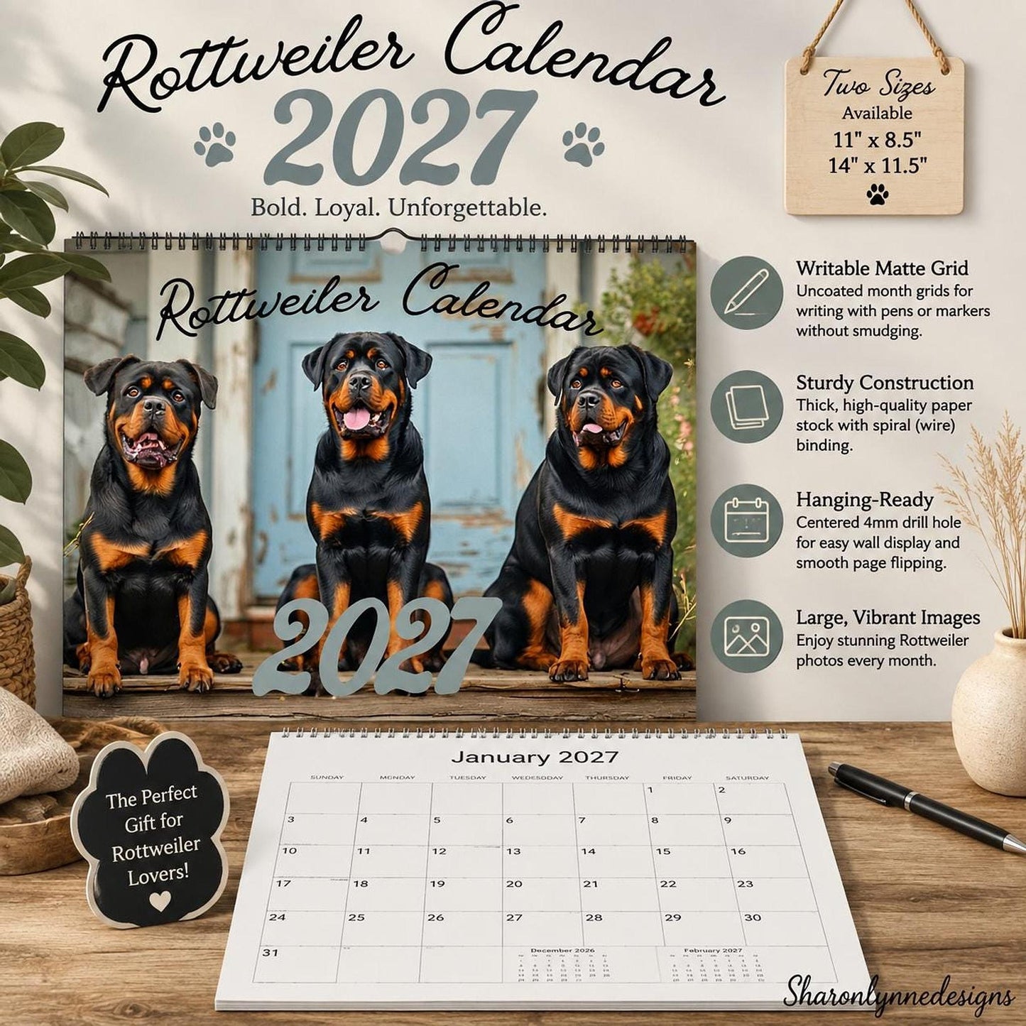 Rottweiler Puppies Wall Calendar 2027, Blank Writable Pages, Spiral Binding, Two Sizes