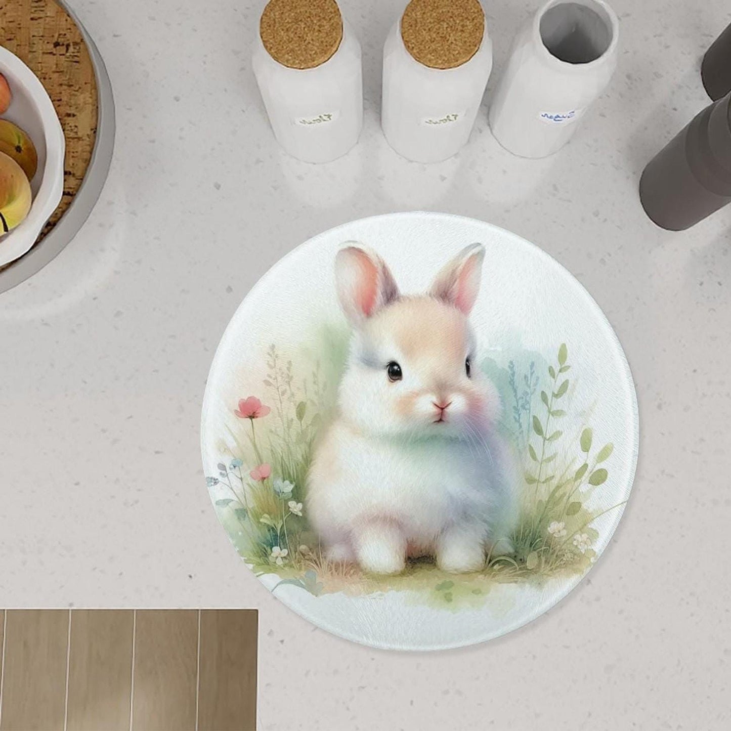 Glass Cutting Board, Bunny Design, 7.9-Inch Round Tempered Surface
