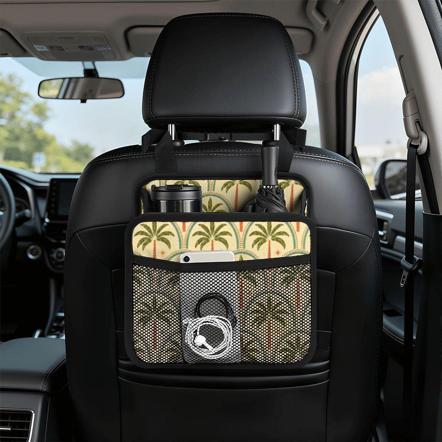 Car Seat Organizer, Retro Palm Tree PU Storage with Mesh Pocket