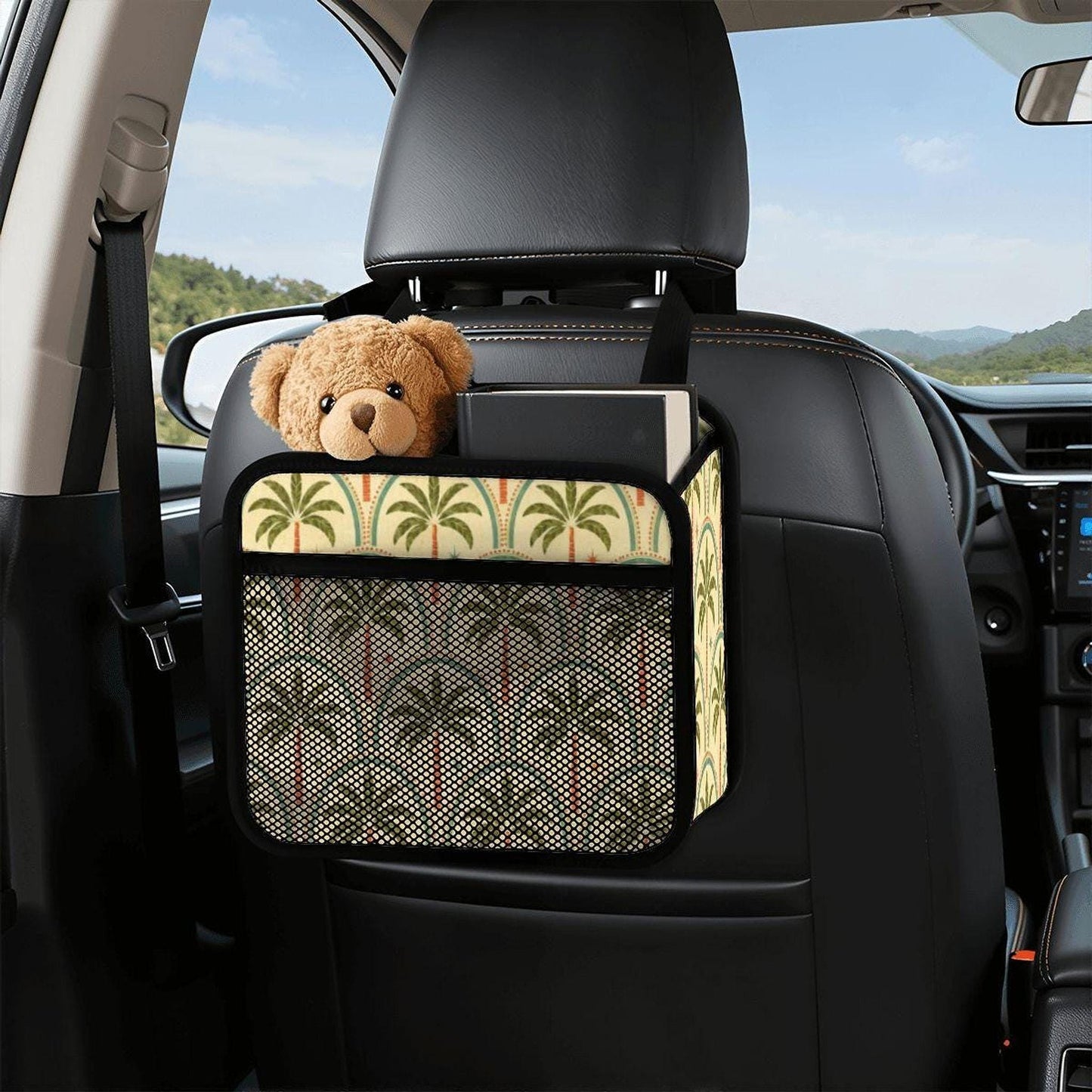Car Seat Organizer, Retro Palm Tree PU Storage with Mesh Pocket