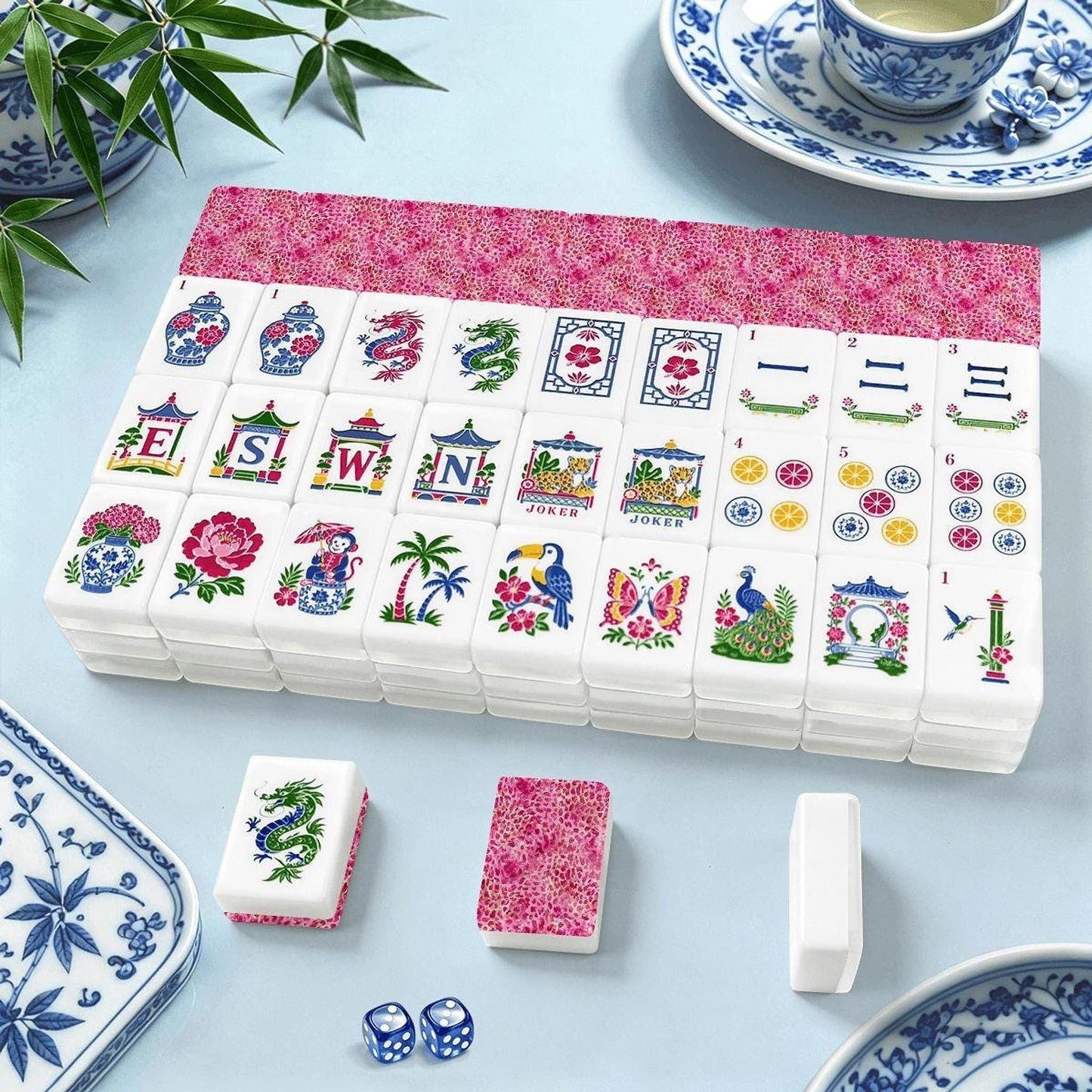 Acrylic Mahjong Set, Pink Cheetah Design with 160 Tiles and Jokers