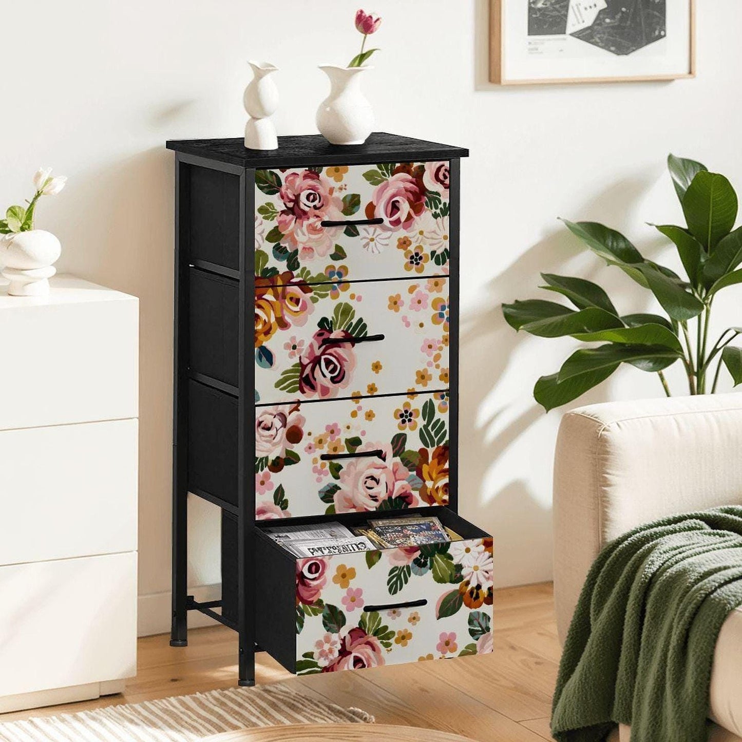 Flower 4 Drawer Dresser, Floral Furniture with Faux-Leather Cover, Bedroom Storage