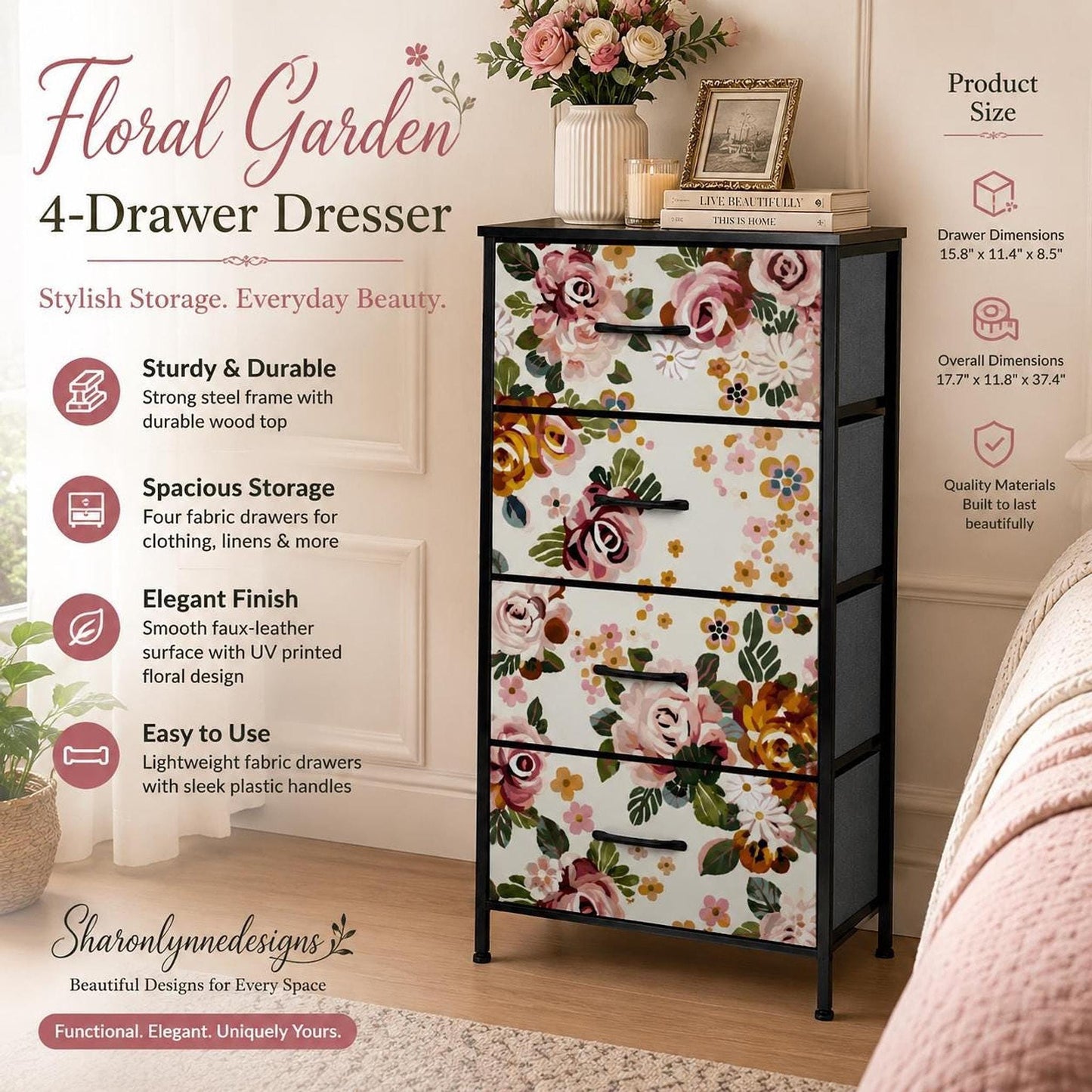 Flower 4 Drawer Dresser, Floral Furniture with Faux-Leather Cover, Bedroom Storage