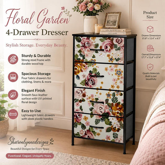 Flower 4 Drawer Dresser, Floral Furniture with Faux-Leather Cover, Bedroom Storage