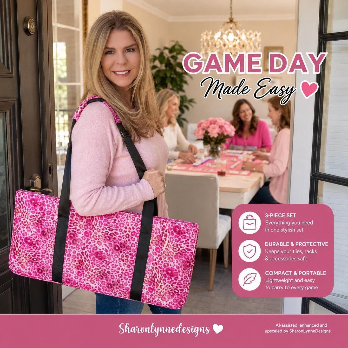 Mahjong Bag Set, Pink Cheetah Canvas 3-Piece Travel Storage Organizer