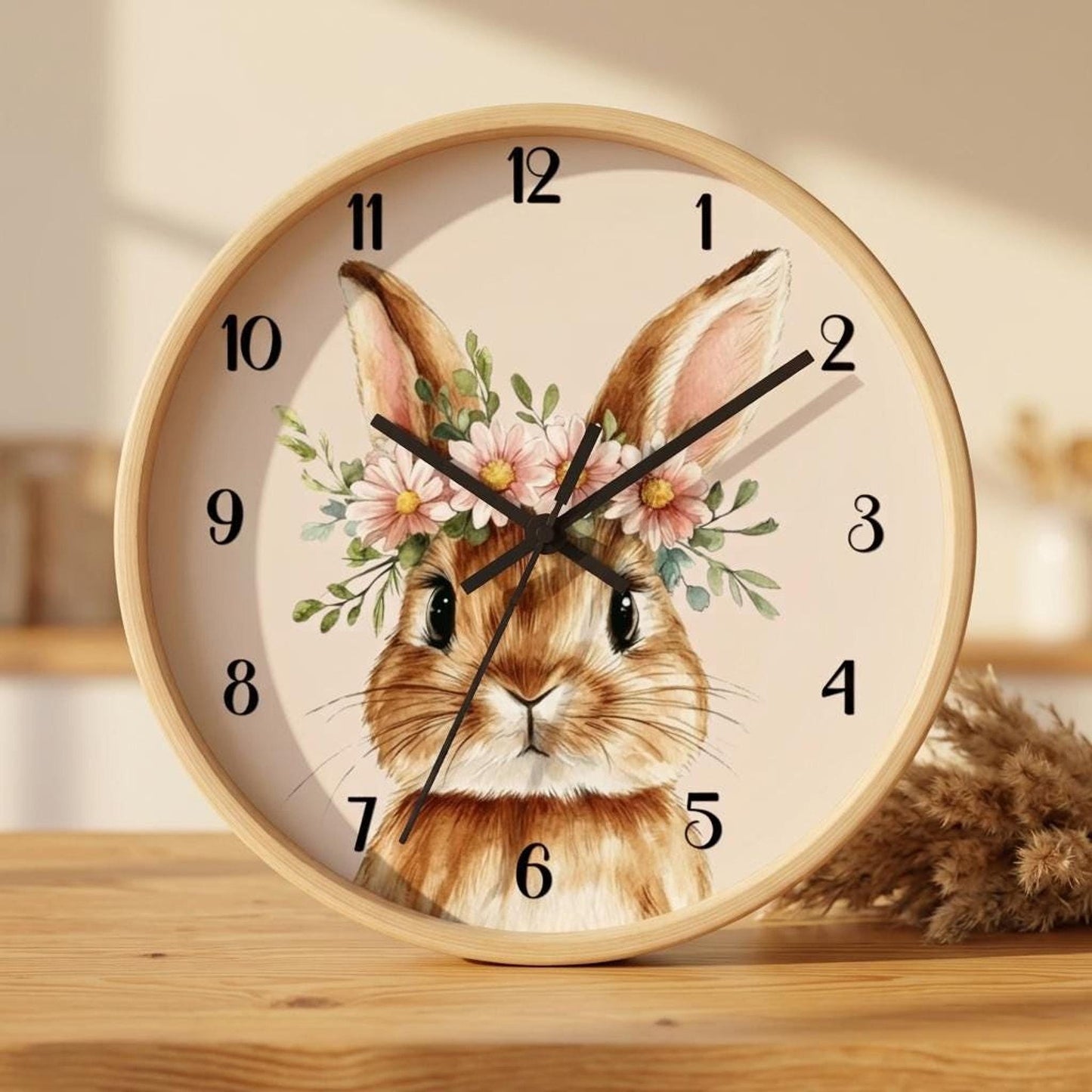 Rabbit Wall Clock, Floral Watercolor Bunny with 100% Wood Frame, 10-Inch Square