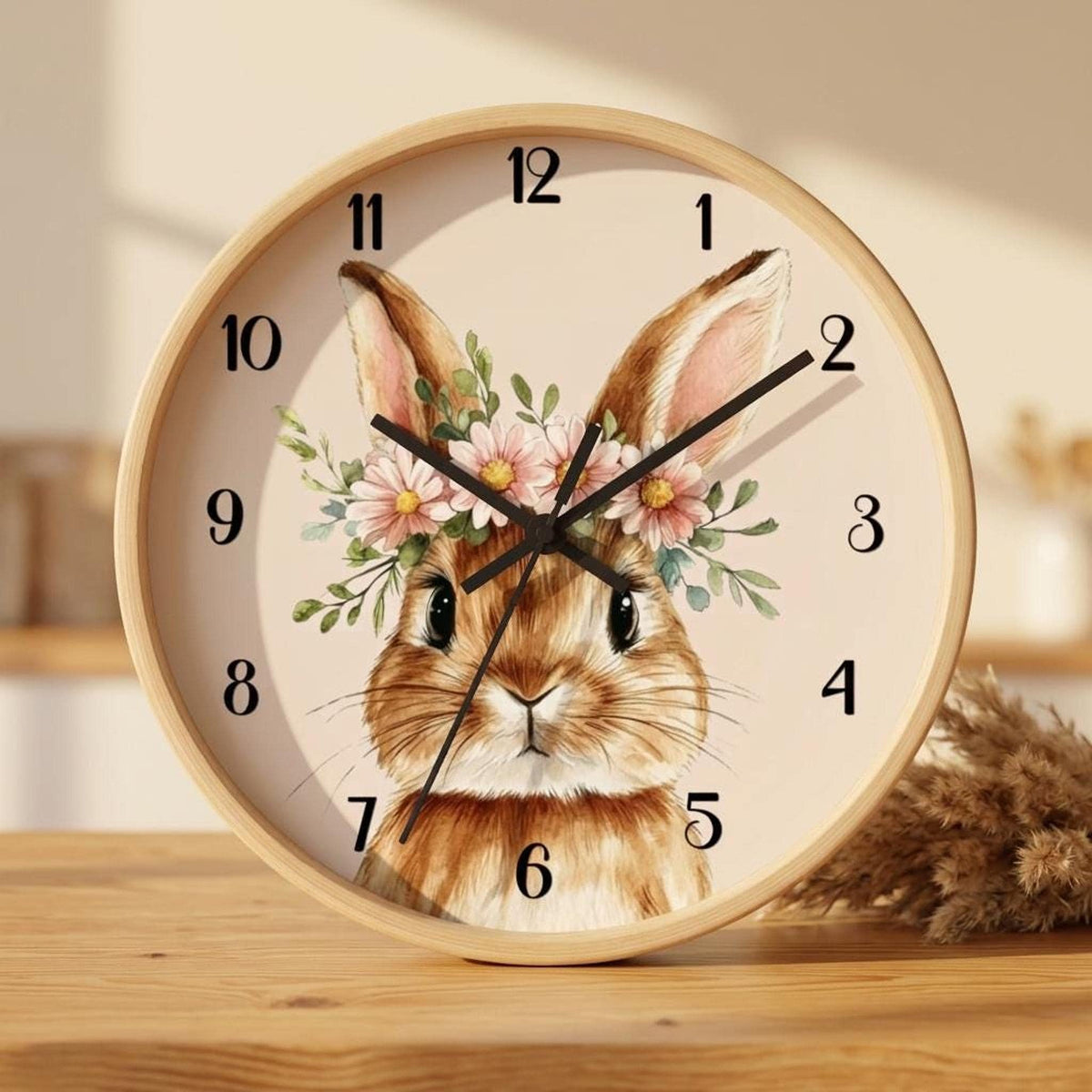 Rabbit Wall Clock, Floral Watercolor Bunny with 100% Wood Frame, 10-Inch Square