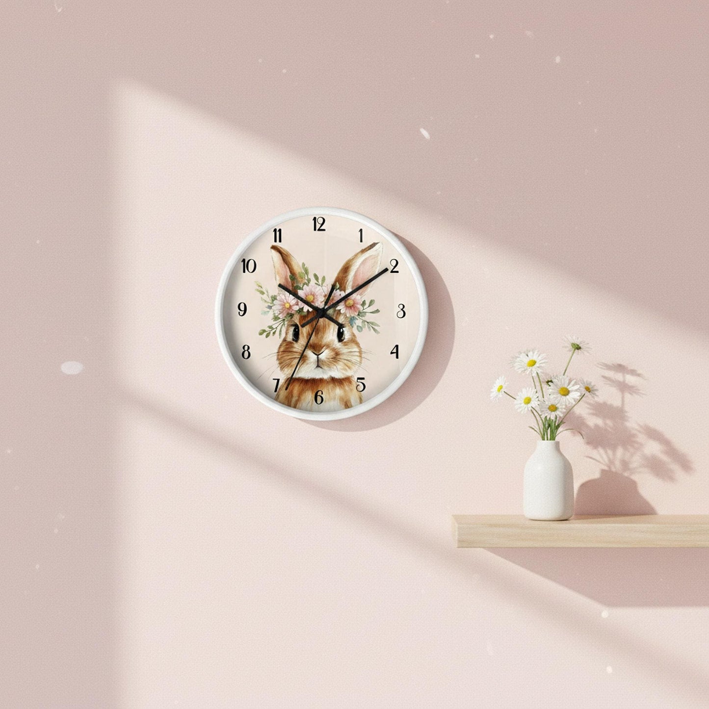 Rabbit Wall Clock, Floral Watercolor Bunny with 100% Wood Frame, 10-Inch Square